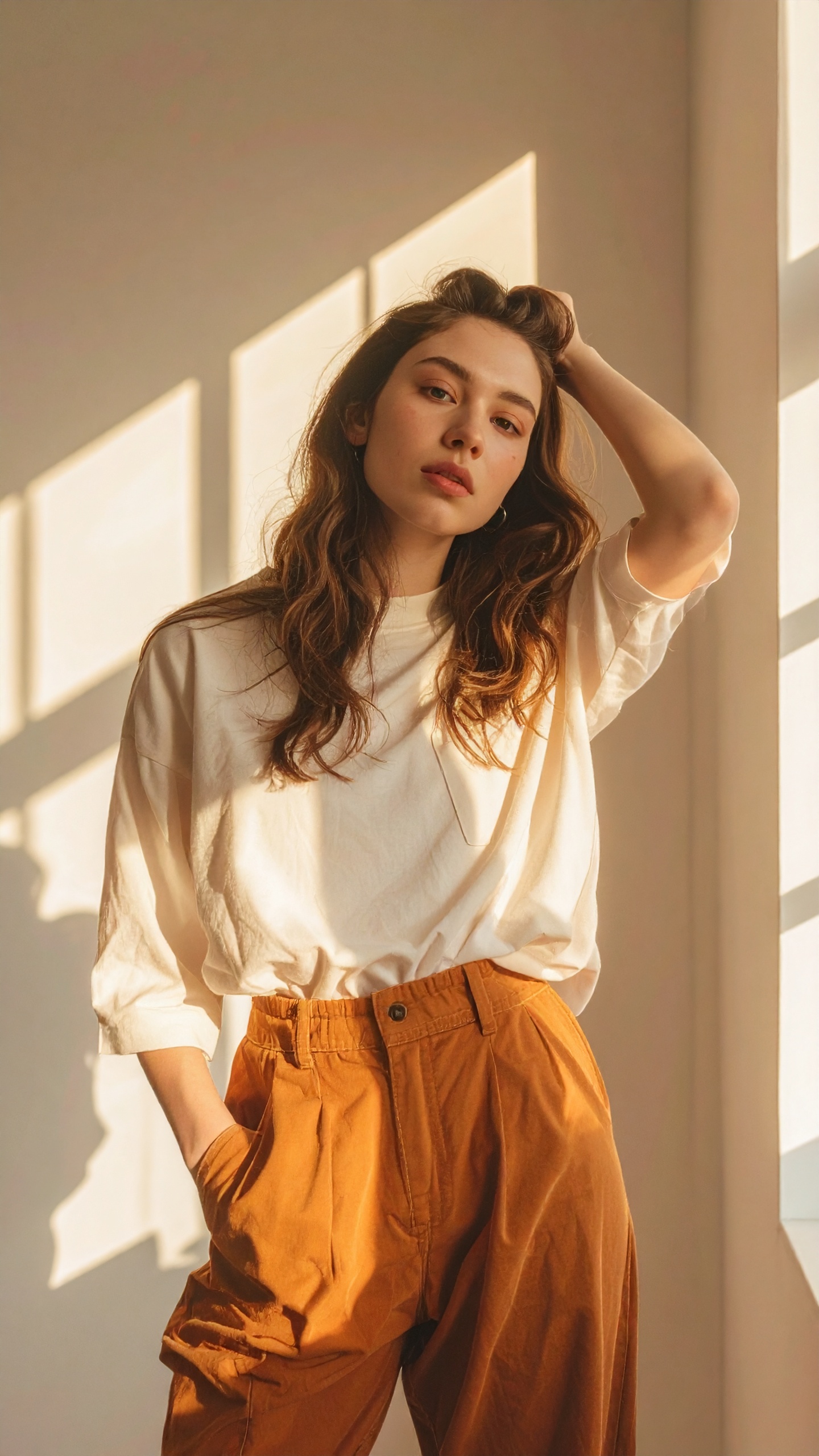 A young woman stands elegantly in a sunlit room, wearing a casual white shirt and tan pants