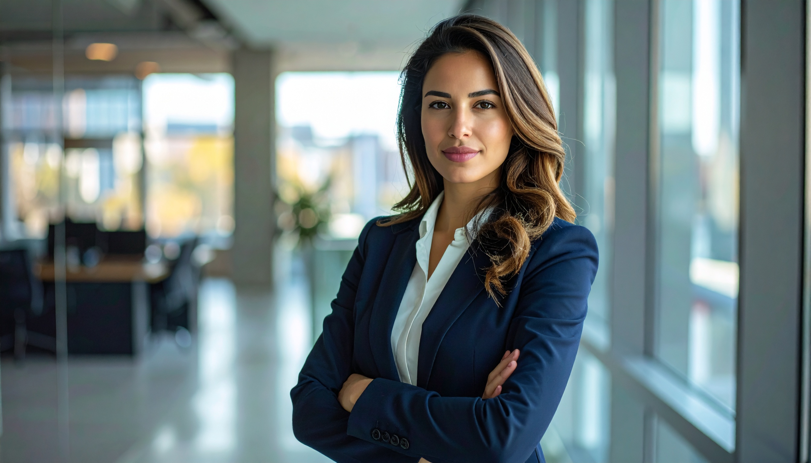 Profissional em traje formal azul, de braços cruzados, em um ambiente de escritório moderno e iluminado, com janelas amplas e luz natural suave. A composição destaca confiança e sucesso, com foco nítido no sujeito principal e um fundo levemente desfocado, enfatizando a profundidade e o contexto corporativo.