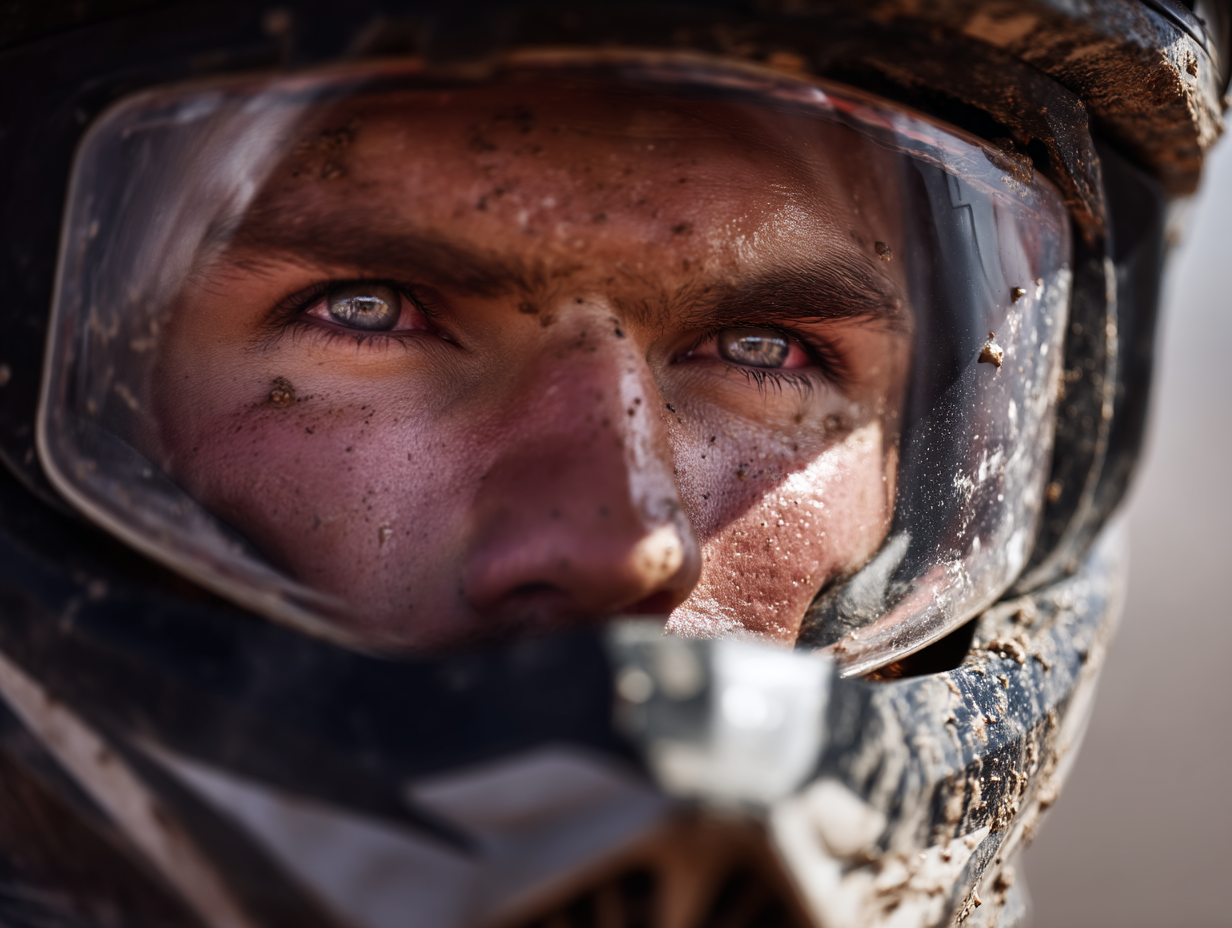 Close-up portrait of a motocross racer wearing a muddy helmet and goggles, showcasing intense eyes and dirt-smeared face, capturing the thrill and grit of off-road racing.