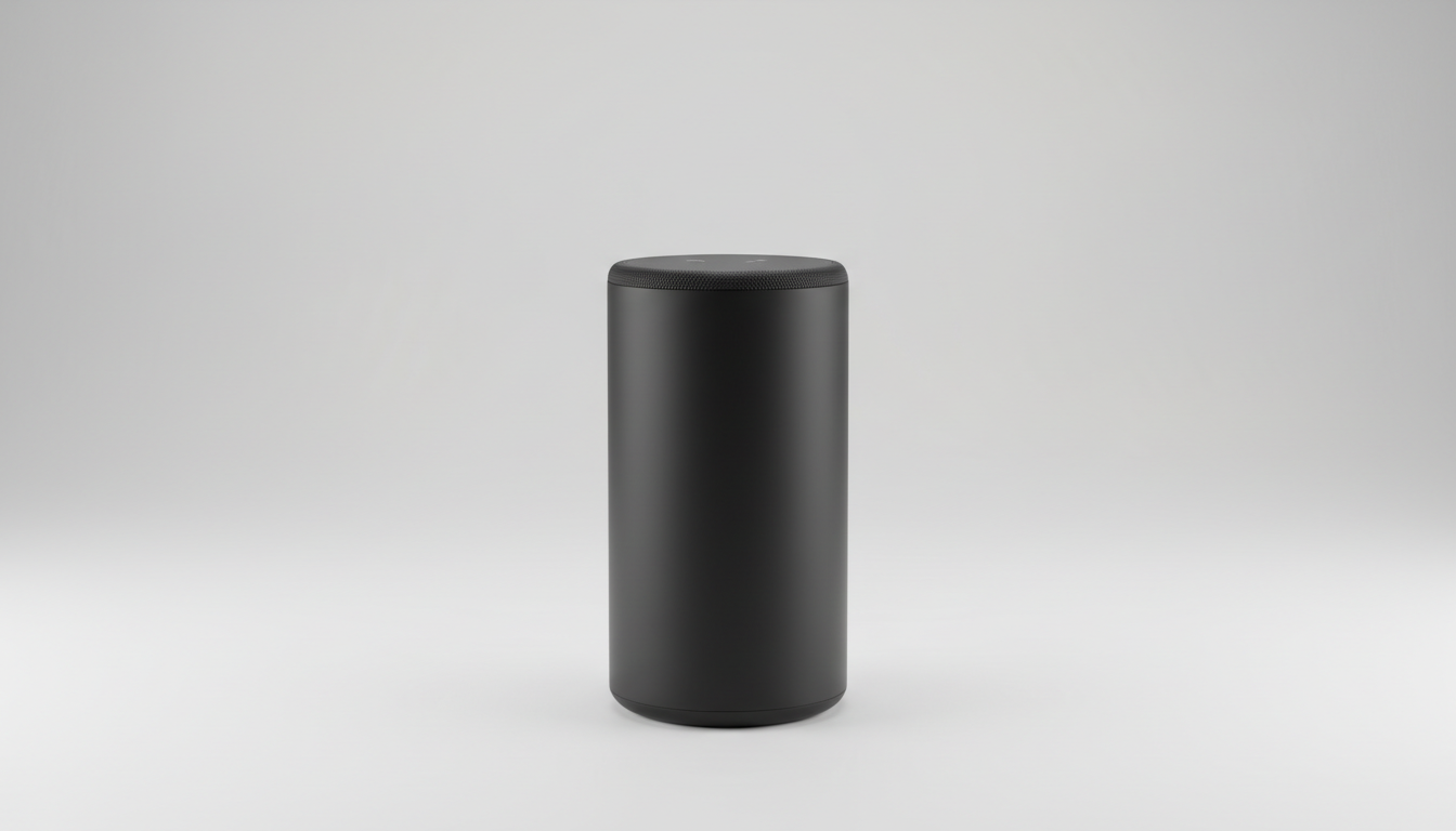 Sleek black cylindrical smart speaker on a minimalist white background