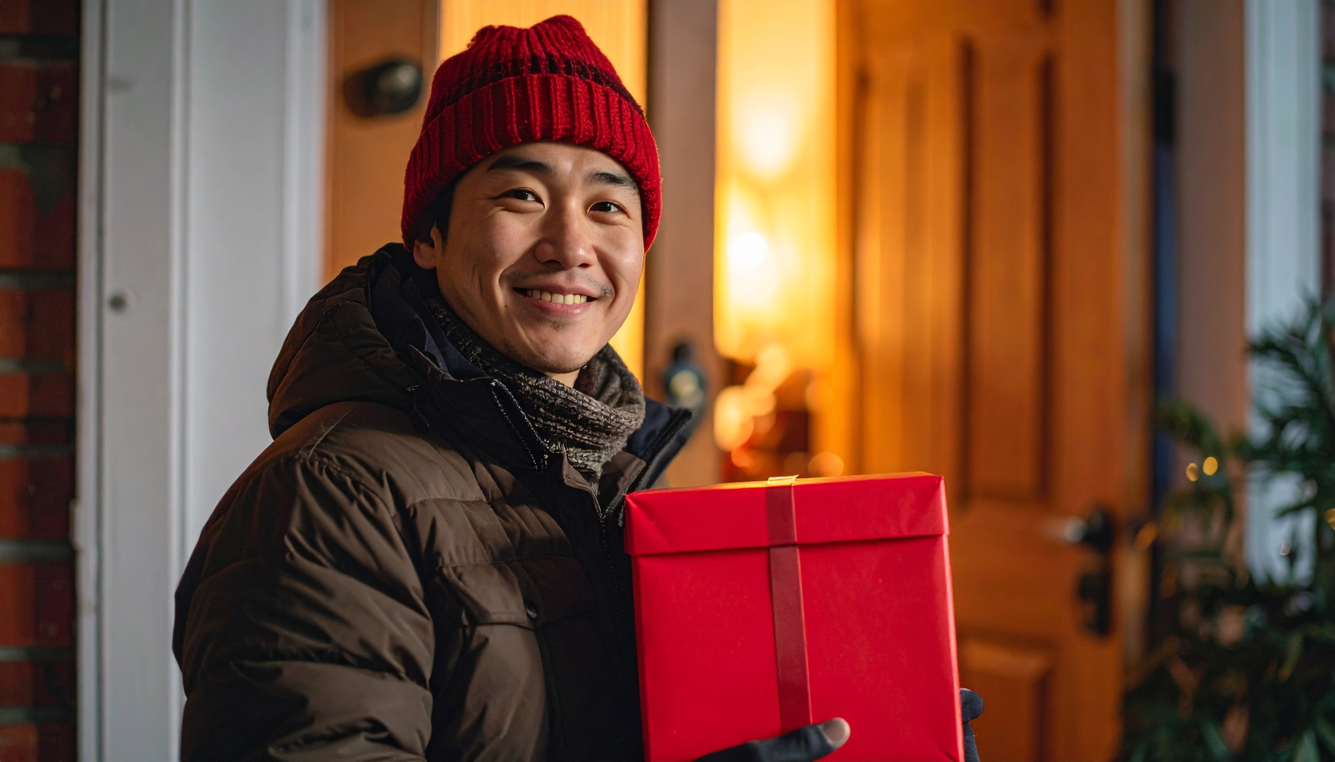 Pessoa sorridente em frente a uma porta de madeira iluminada, segurando uma caixa de presente vermelha. A cena tem iluminação quente criando uma atmosfera acolhedora, com destaque para o gorro vermelho e casaco escuro, compondo um contraste visual agradável. O ângulo é frontal e o foco está na expressão de alegria do indivíduo.