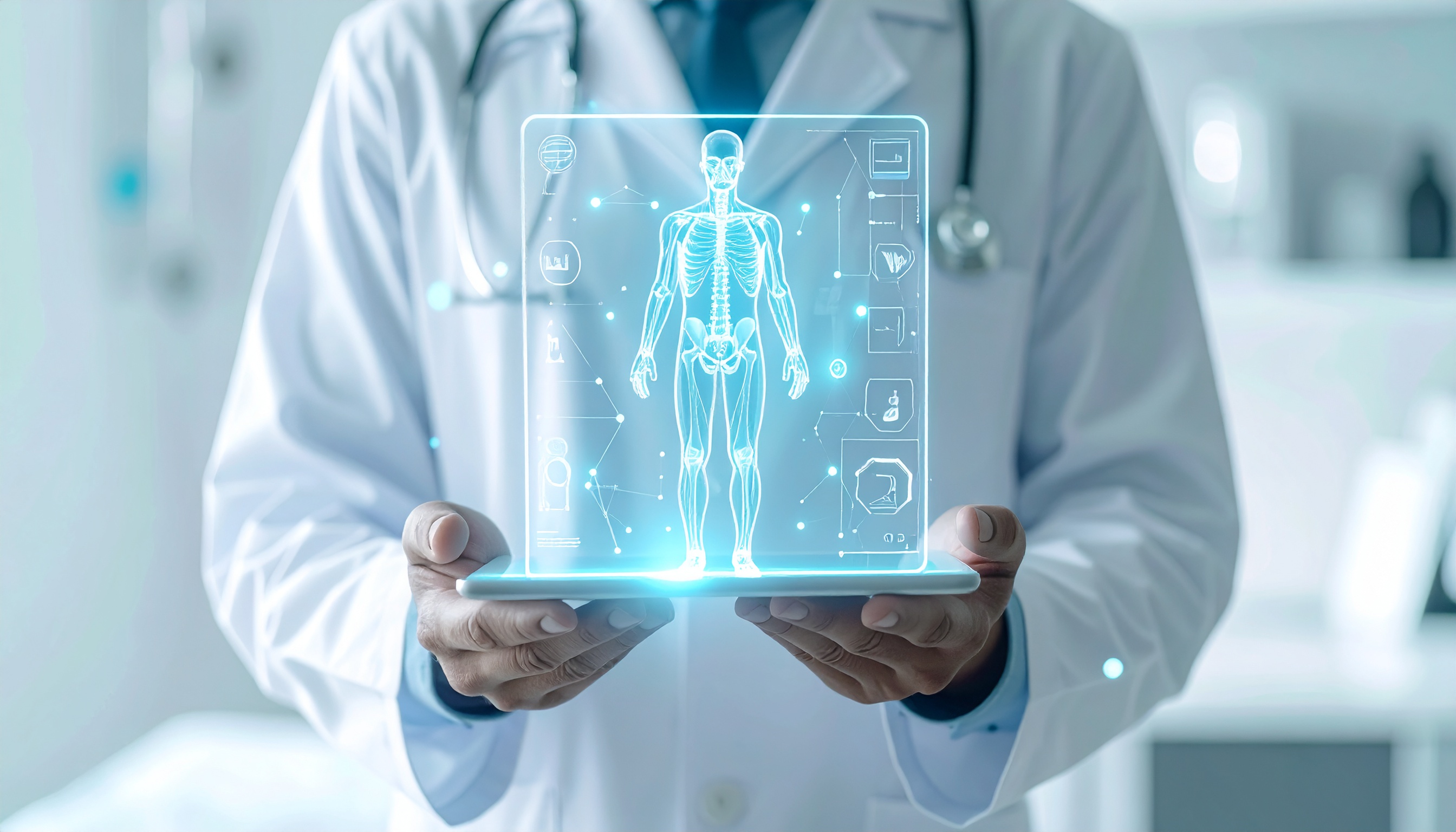 A doctor holds a futuristic tablet displaying a digital human anatomy hologram
