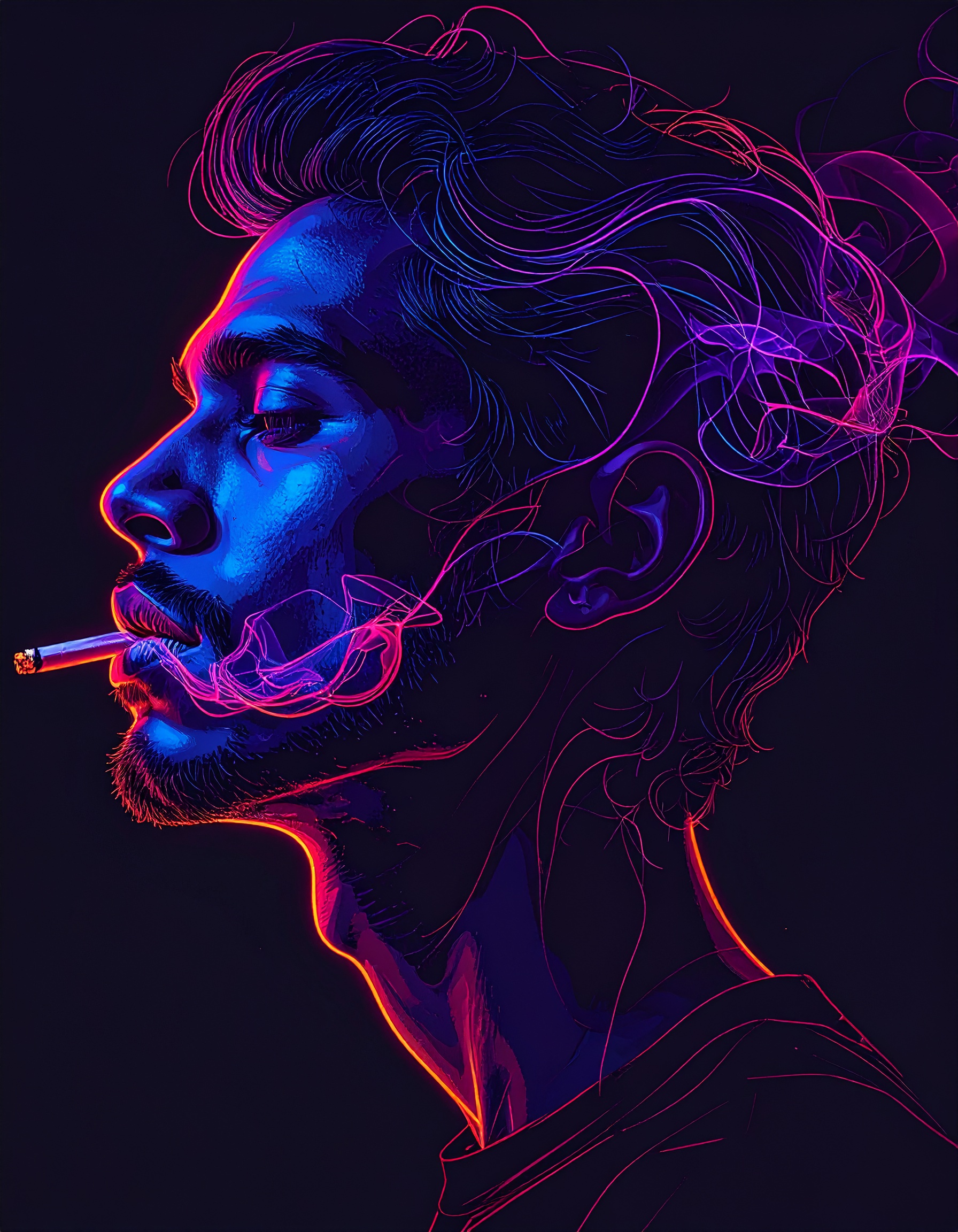 A vibrant digital art piece featuring a side profile of a man exhaling smoke