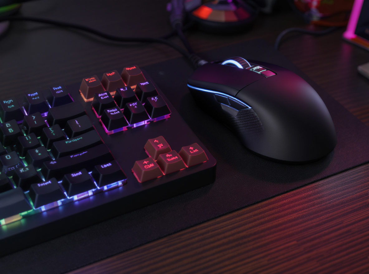 Teclado e mouse gamer iluminados em vermelho e azul sobre uma mesa de madeira escura, destacando design moderno e futurista. A iluminação RGB realça os detalhes do teclado, enquanto o mouse exibe acabamento texturizado. A composição é focada e precisa, com iluminação suave criando um ambiente tecnológico.