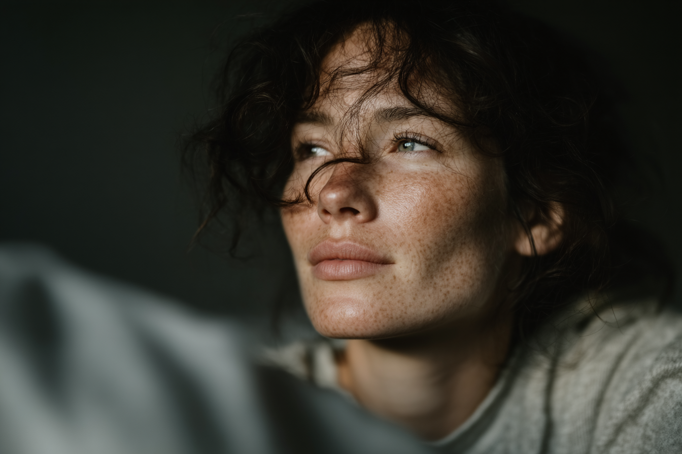 Retrato de uma mulher com cabelo cacheado e pele com sardas, olhando pensativa para o lado. O fundo é escuro, criando um contraste com sua expressão suave e contemplativa. A iluminação suave destaca suas características faciais.