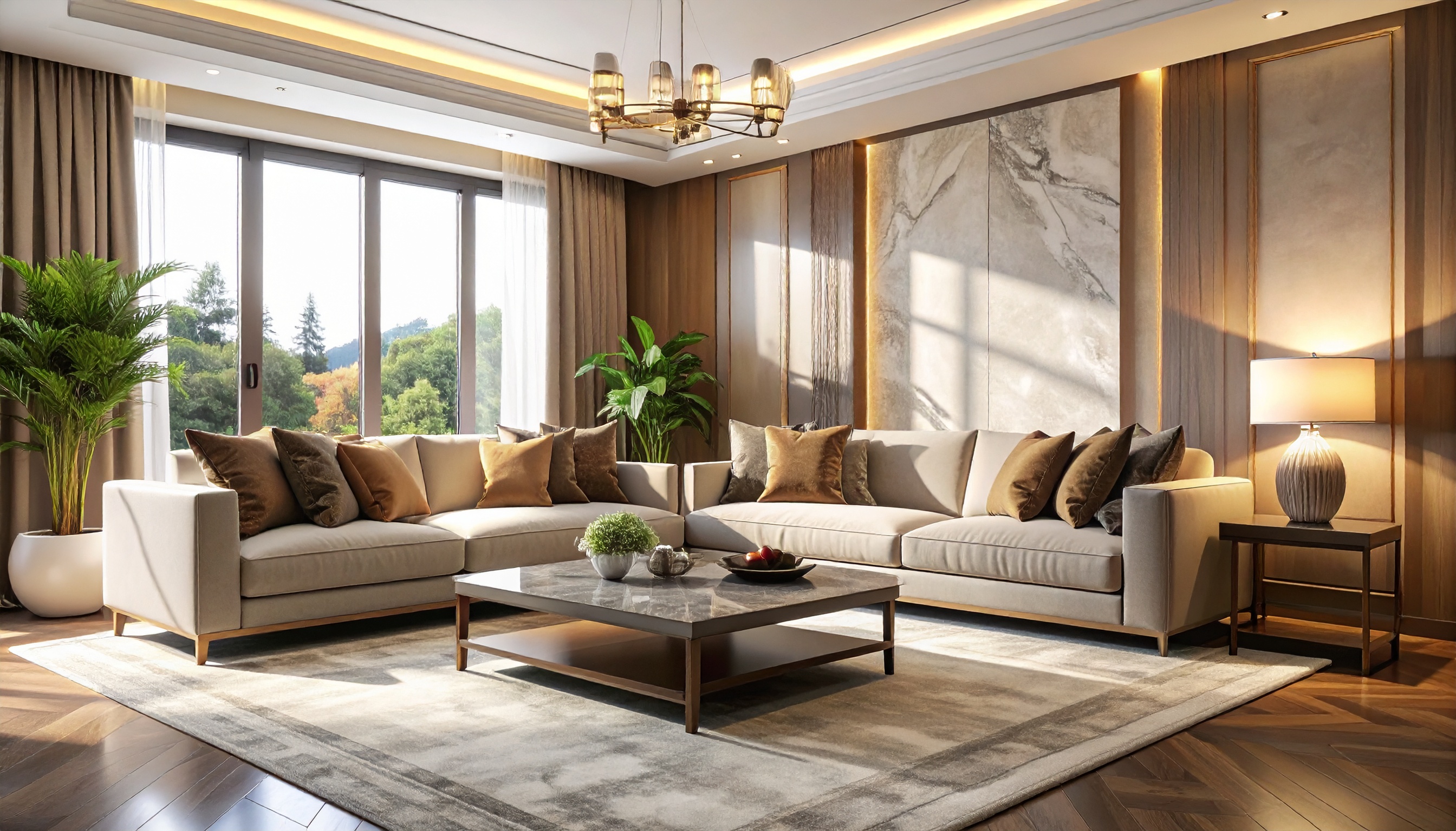 Sala de estar elegante com sofá bege em L, almofadas marrons, mesa de centro de mármore, plantas verdes, iluminação suave e painéis de madeira.