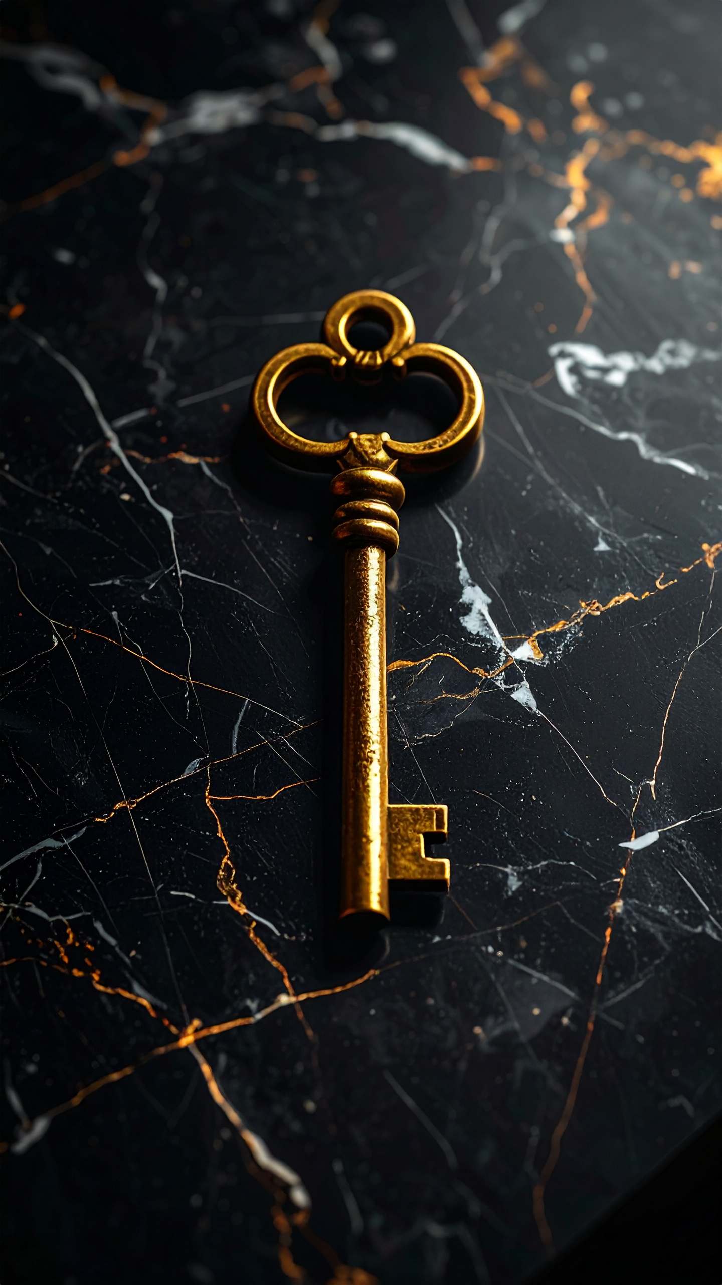 A vintage golden key rests elegantly on a black marble surface