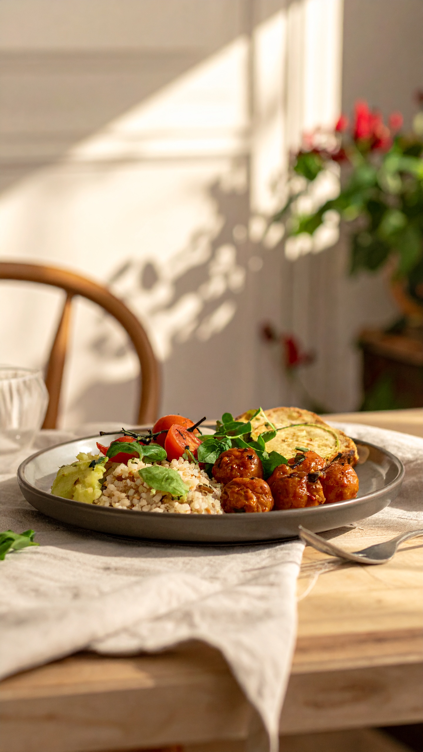 A delightful plate of healthy food is beautifully arranged on a rustic wooden table