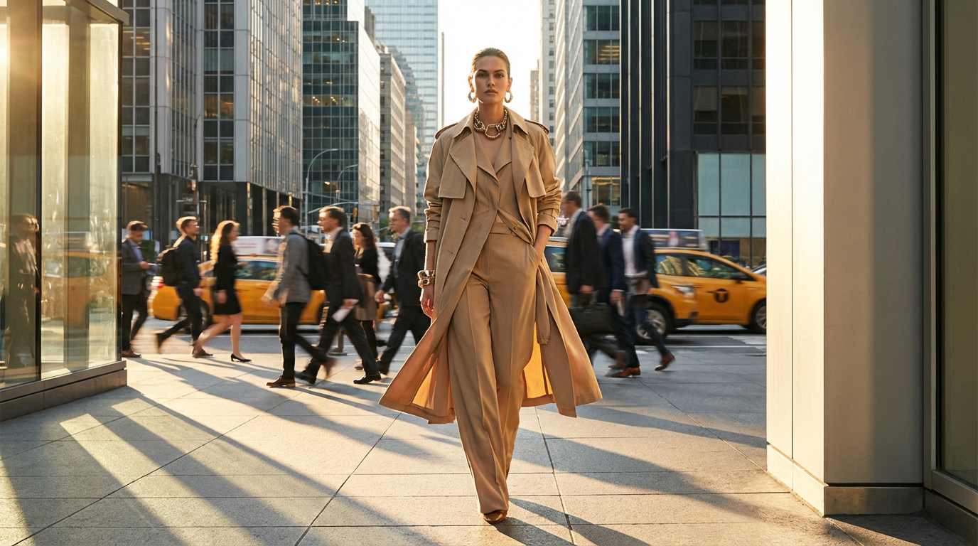 A stylish woman in a beige trench coat walks confidently through a bustling city street