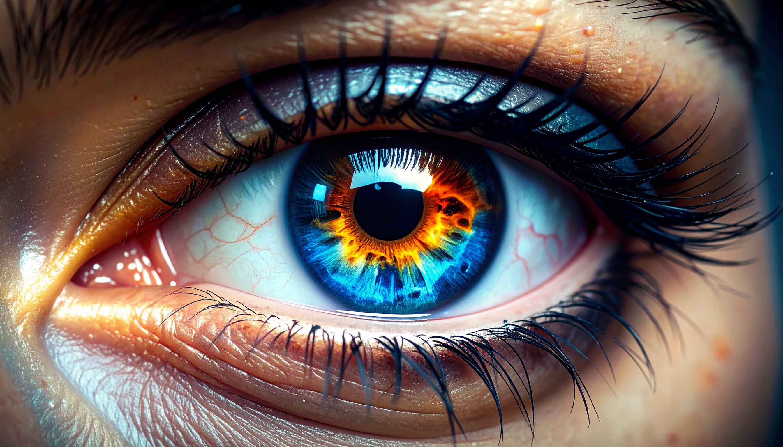 Olho humano com íris azul e detalhes em amarelo e laranja, destacando-se pela riqueza de cores e texturas. Ideal para campanhas de marketing que buscam impacto visual e profundidade emocional. Detalhes próximos revelam cílios longos e textura da pele, criando uma imagem envolvente e detalhada. Pode ser usada em contextos que explorem a complexidade e beleza da visão humana, como em anúncios de lentes de contato ou cosméticos. A imagem é impactante e versátil, perfeita para chamar a atenção em plataformas digitais.