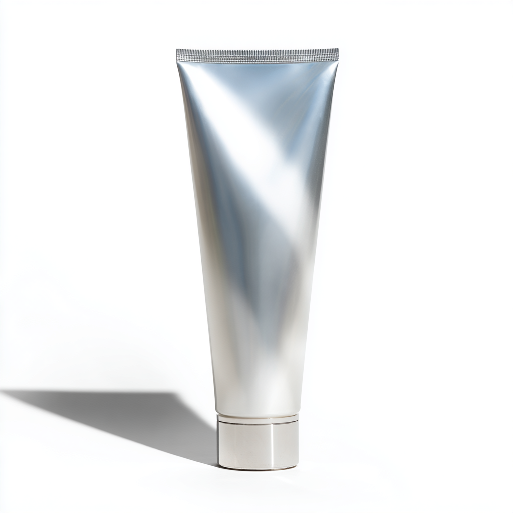 Tubo metálico prateado em fundo branco minimalista, com iluminação suave destacando o brilho da superfície e criando uma sombra nítida à esquerda. A composição centraliza o objeto, enfatizando suas linhas elegantes e acabamento moderno, sugerindo um produto cosmético sofisticado.