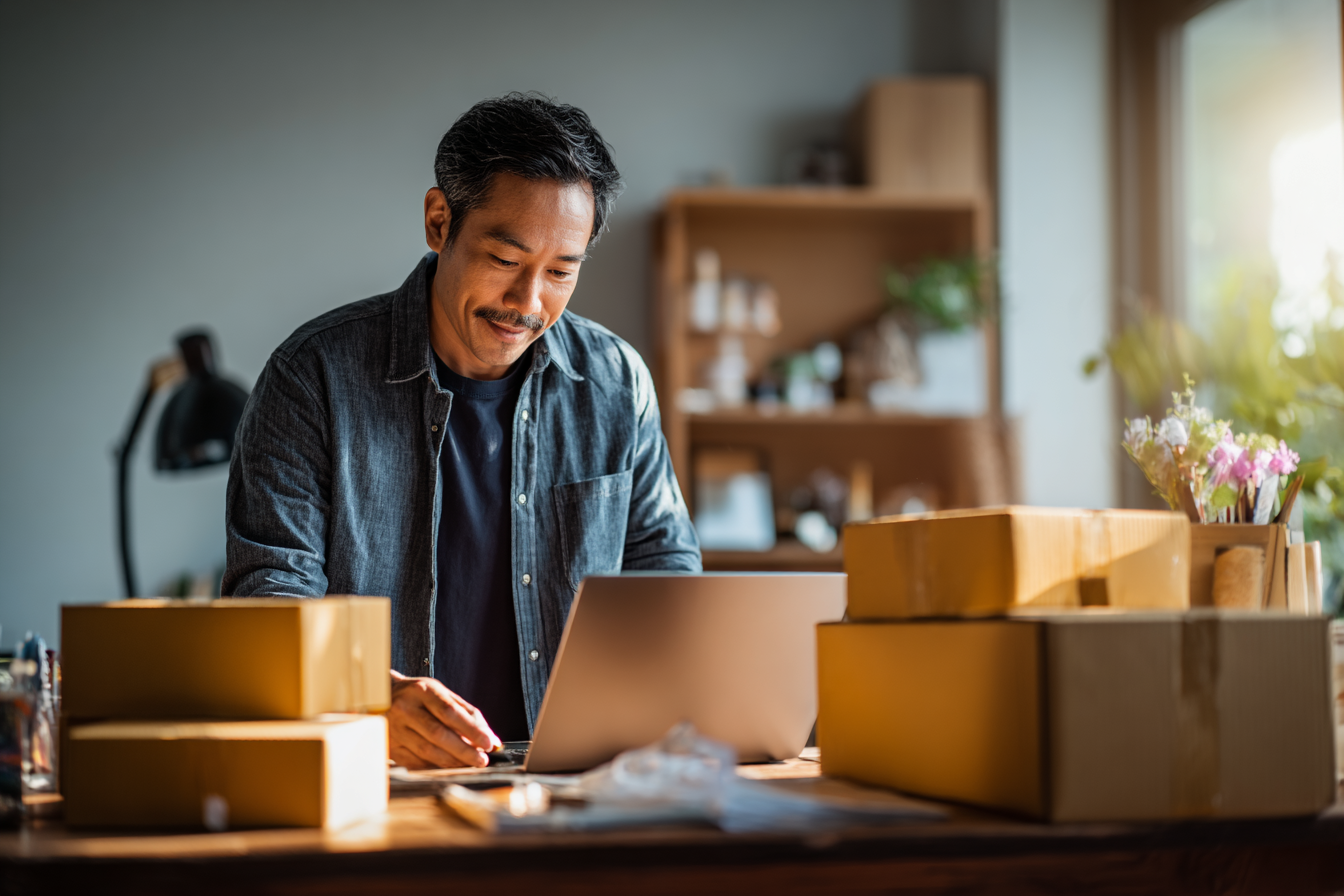 Homem sorridente trabalhando em um laptop em um ambiente de escritório, cercado por caixas de papelão e materiais de escritório. A cena transmite uma sensação de produtividade e organização, ideal para temas relacionados a trabalho remoto, empreendedorismo e logística.