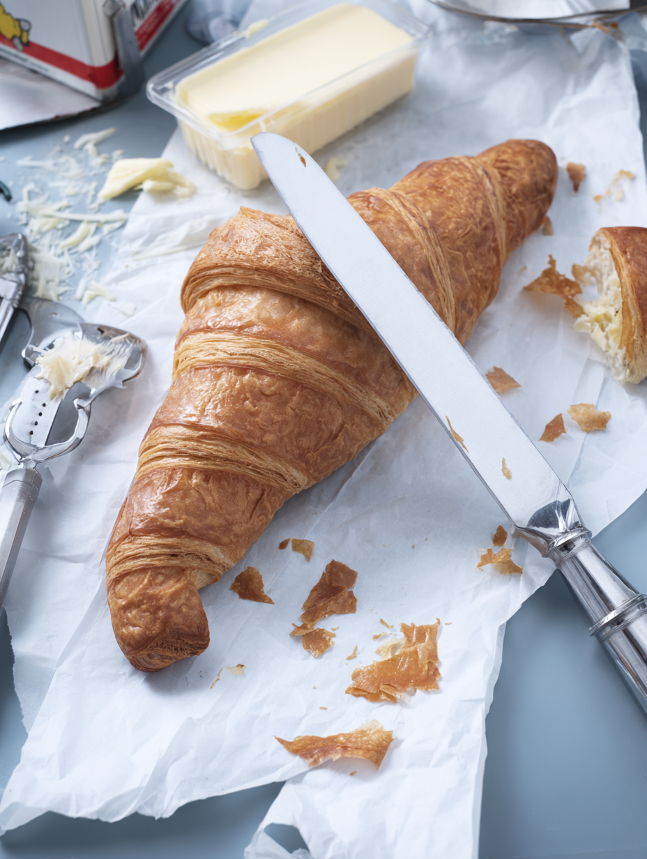 Croissant dourado e crocante em cima de papel manteiga branco, cercado por faca de lâmina prateada, queijo ralado, manteiga em embalagem transparente e utensílios de cozinha, sob iluminação suave que destaca texturas e camadas folhadas.