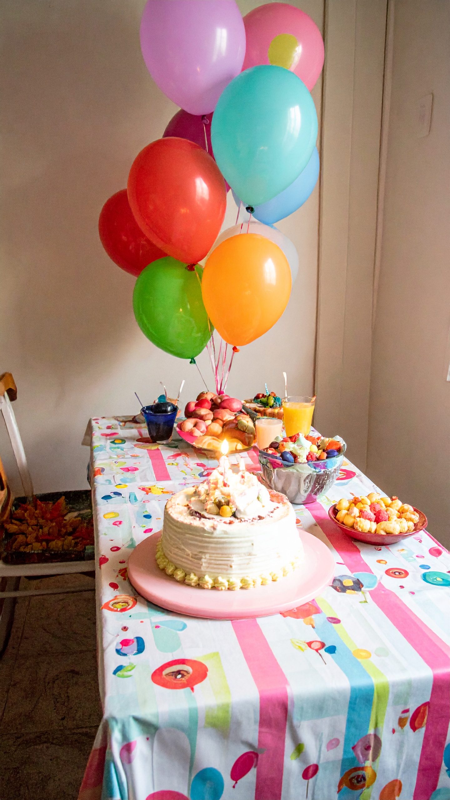 A vibrant birthday table is adorned with colorful balloons and a festive cake