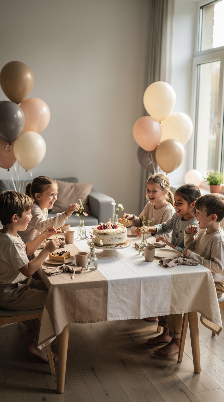 A joyful children's party with a cake centerpiece on a decorated table
