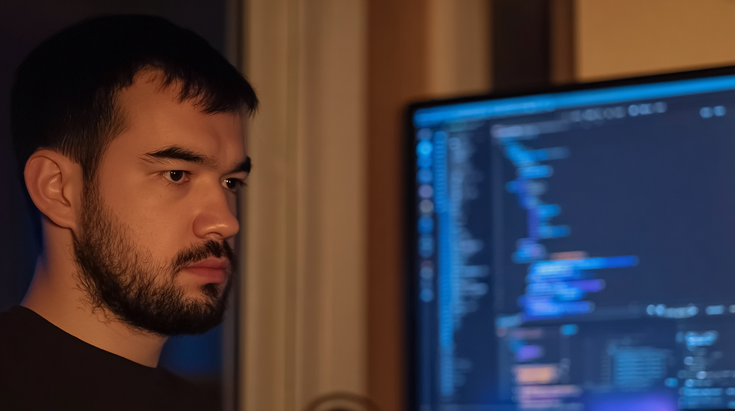 Homem concentrado observando código em tela de computador, em ambiente noturno de trabalho, transmitindo foco e determinação no desenvolvimento de software.