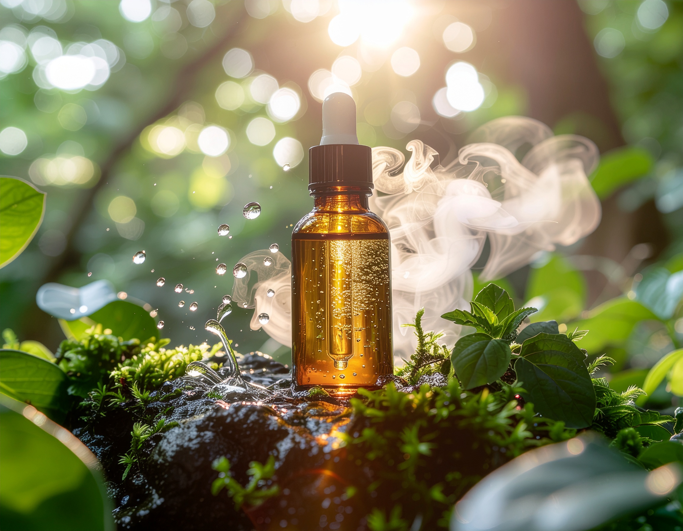 Frasco âmbar com conta-gotas em meio a vegetação exuberante, cercado por musgos e folhas verdes. A iluminação suave destaca o vidro e as gotas d'água suspensas, criando uma atmosfera fresca e natural. A fumaça ao fundo adiciona um toque etéreo, enquanto a composição centralizada enfatiza o produto. O foco nítido e a profundidade de campo curta acentuam os detalhes do cenário natural e do frasco.
