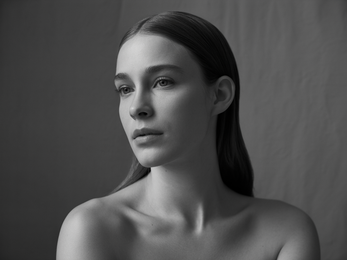 A monochrome portrait captures a serene expression on a young woman's face
