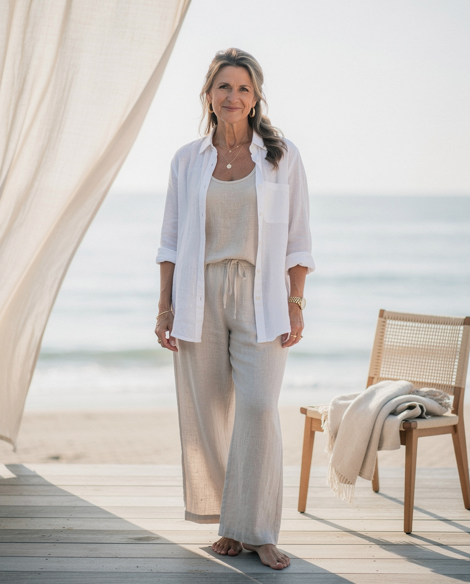 A woman stands on a beach deck wearing a comfortable, stylish linen outfit