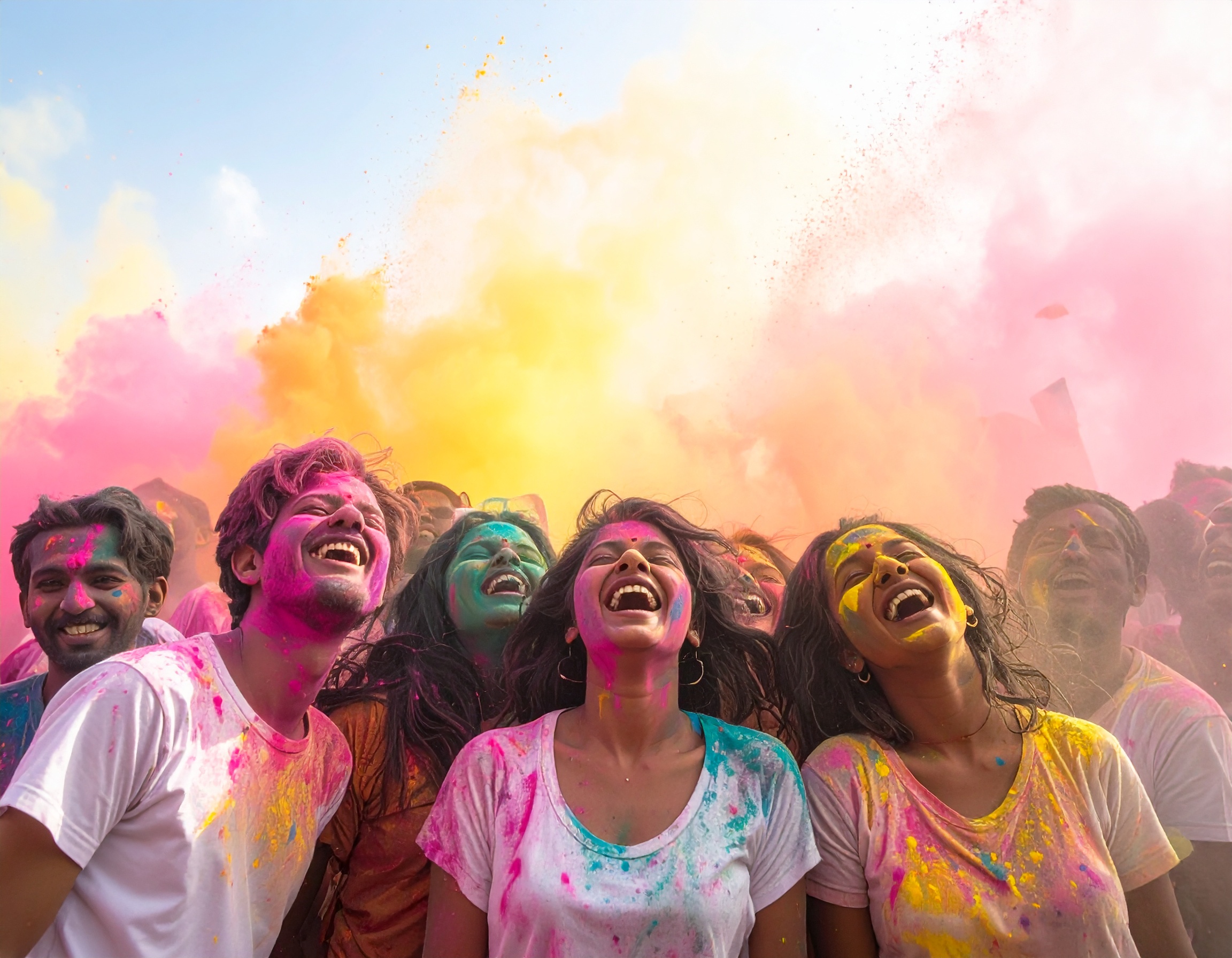 Joyful group celebrating Holi with vibrant colors in the air