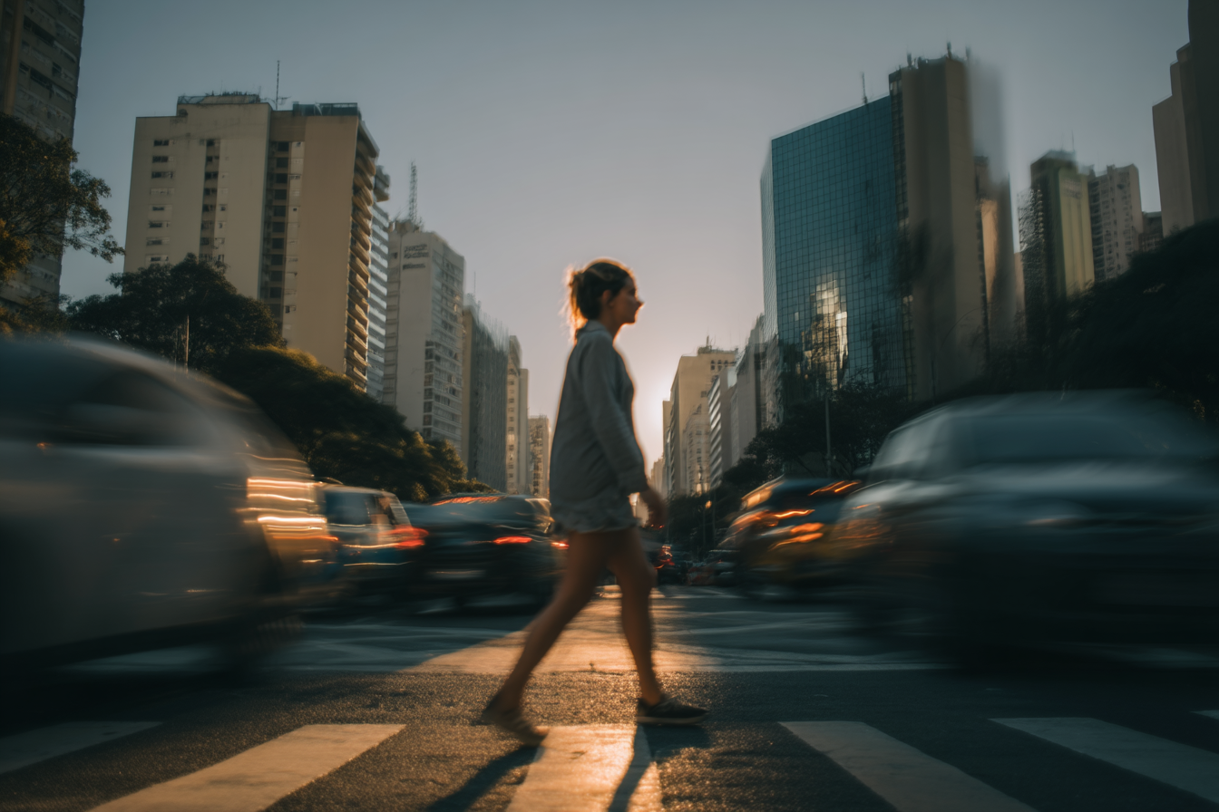 Uma mulher atravessando uma rua movimentada em uma cidade moderna, com prédios altos ao fundo e veículos em movimento. A imagem captura a dinâmica urbana ao entardecer, destacando a silhueta da mulher contra a luz do sol.