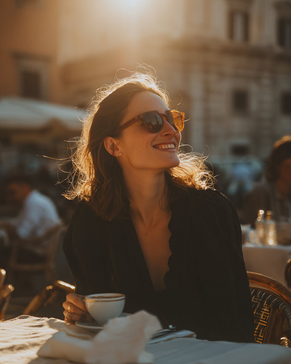A imagem retrata uma mulher sorridente em um ambiente ao ar livre, banhada pela luz suave do pôr do sol. Ela usa óculos escuros e segura uma xícara de café, enquanto seu cabelo solto brilha com a luz do sol. O fundo é desfocado, sugerindo um café ou restaurante, com mesas e pessoas visíveis.