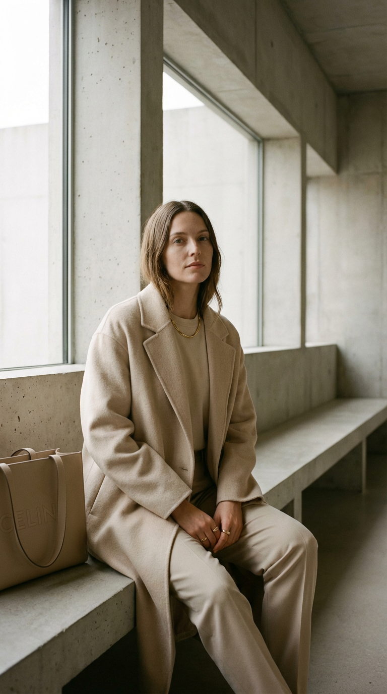 A woman in a beige coat sits in a minimalist concrete space