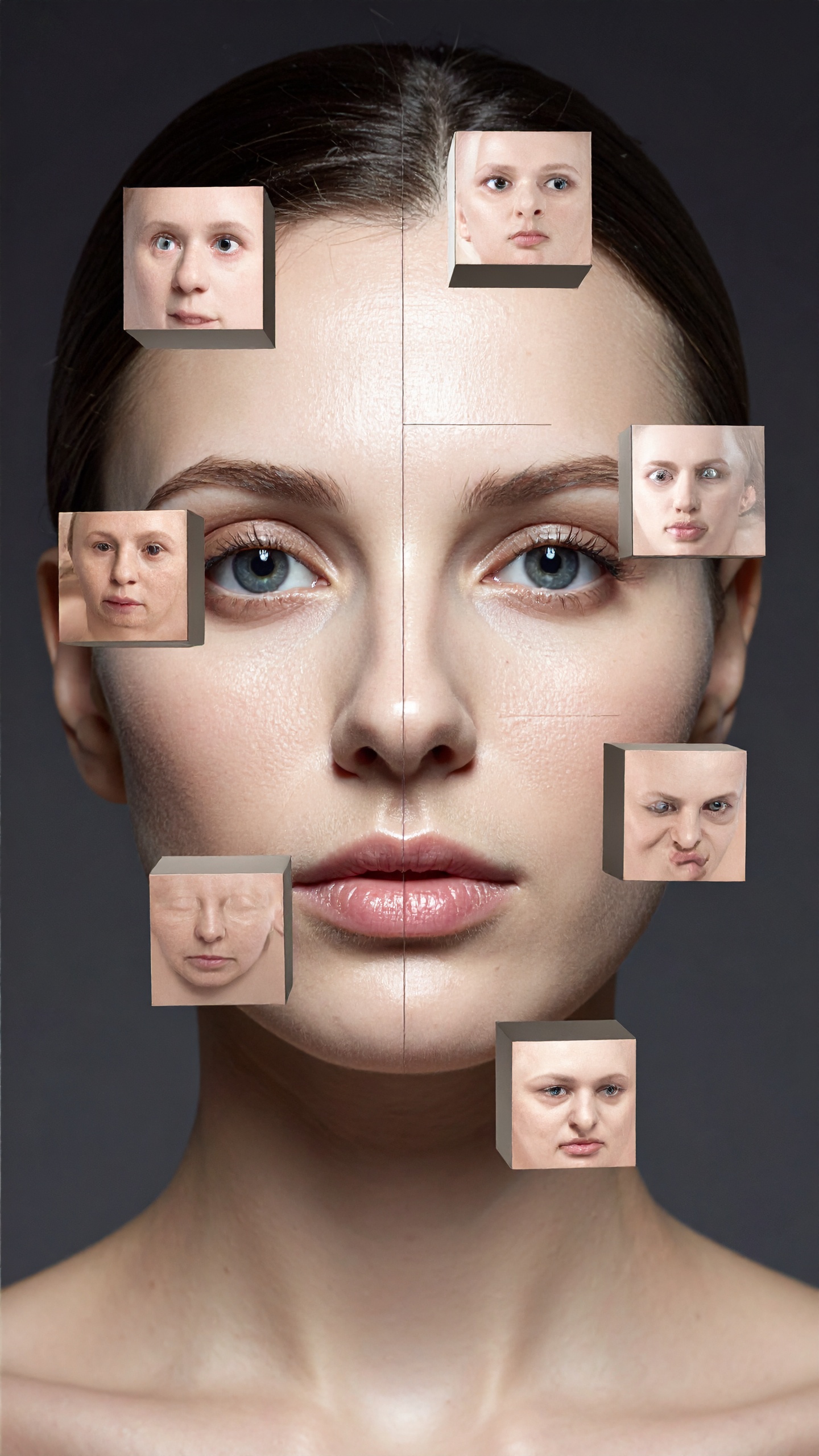 A woman's face with multiple facial expressions in cubes highlights the concept of emotional diversi