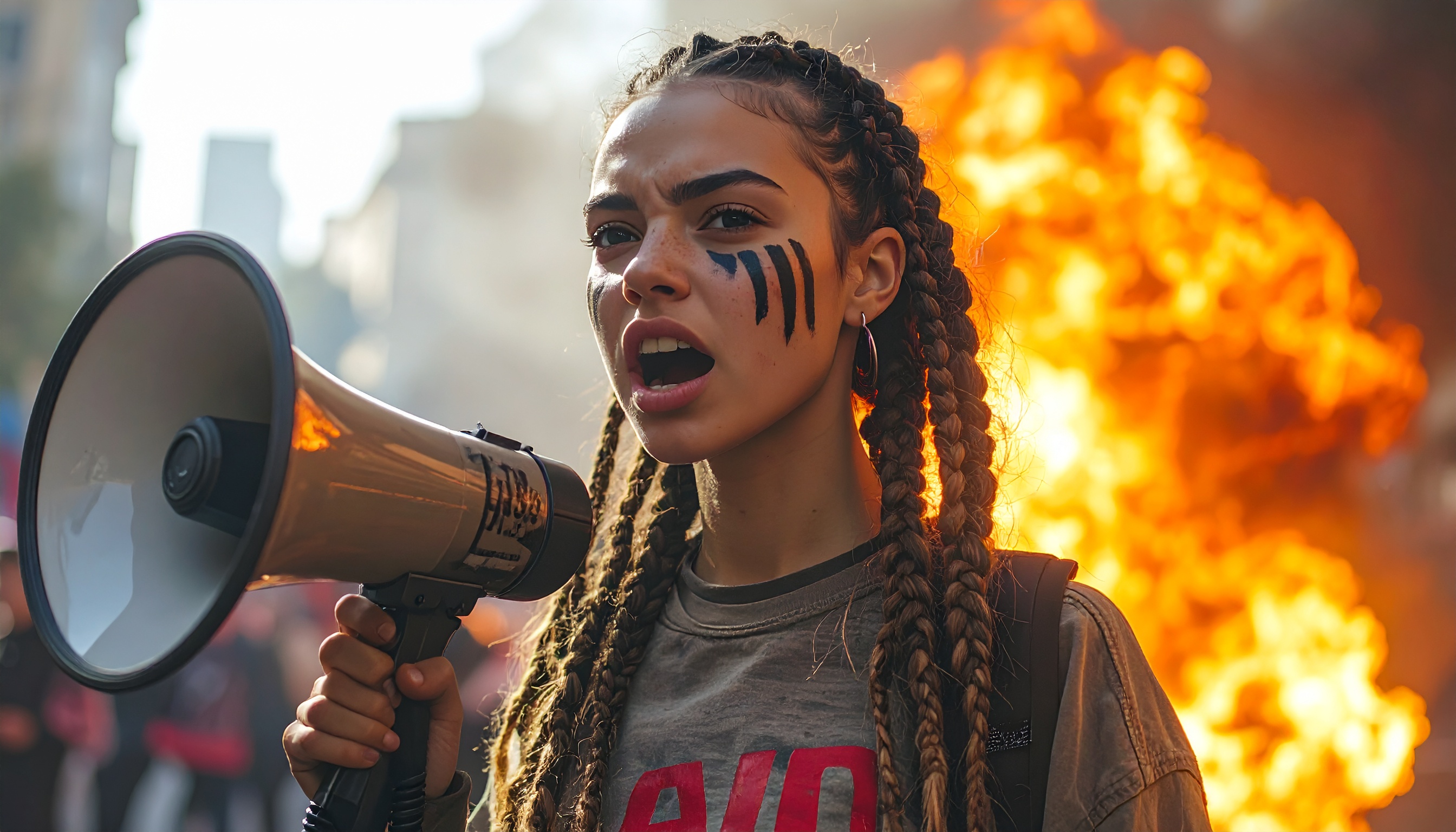 A young woman with braided hair holds a megaphone, standing defiantly in front of a blazing fire