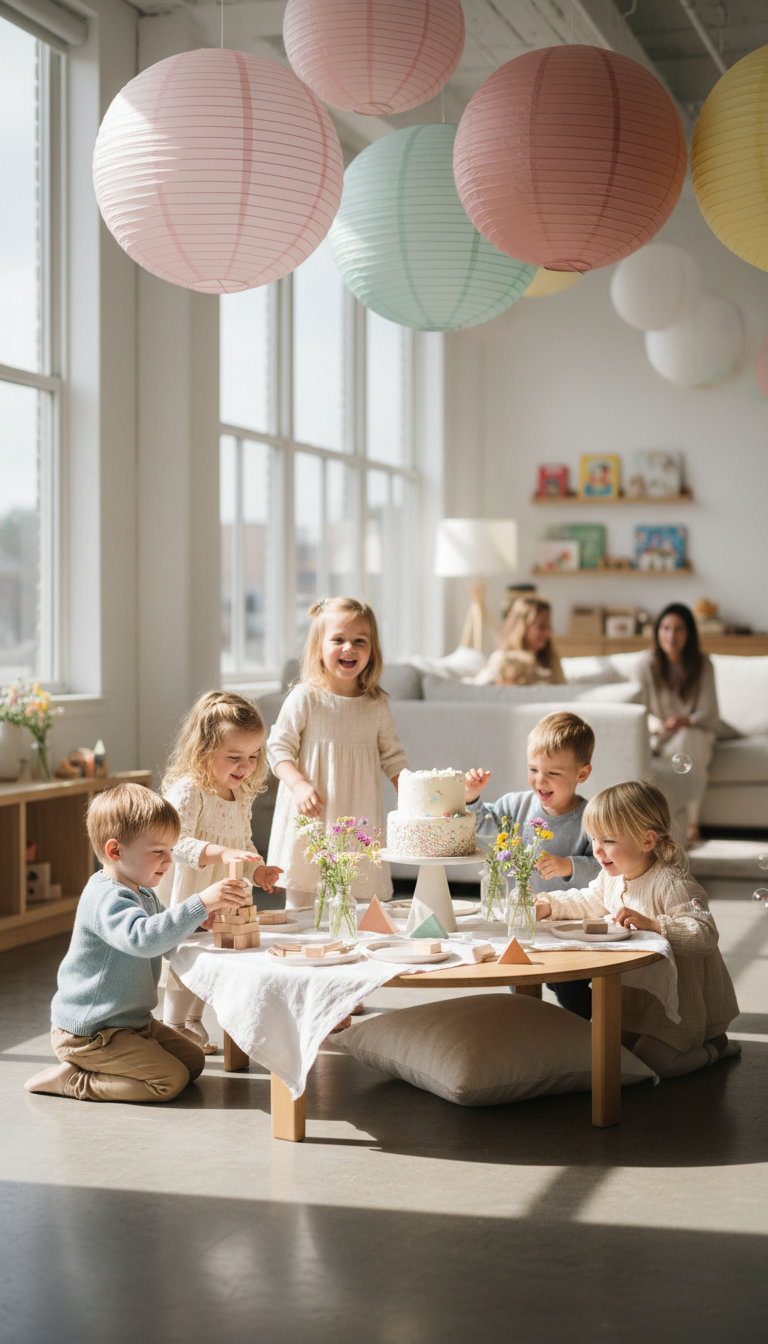 A joyful children's birthday party in a bright, airy room with pastel decor