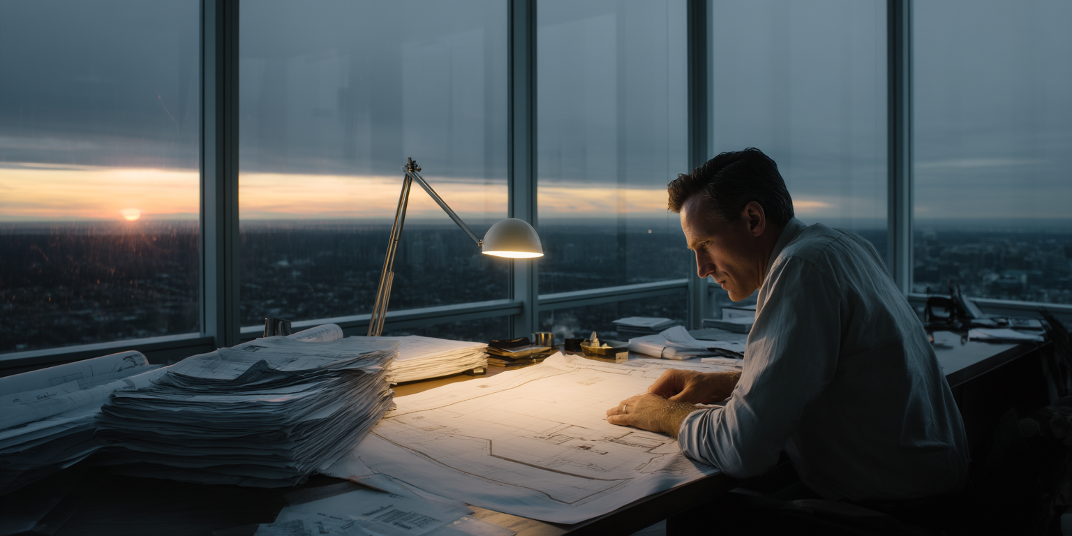 Homem trabalhando em plantas arquitetônicas em uma mesa iluminada, com vista para o pôr do sol através de grandes janelas de vidro em um escritório moderno no alto de um edifício. O ambiente é elegante e reflete um clima de concentração e profissionalismo.