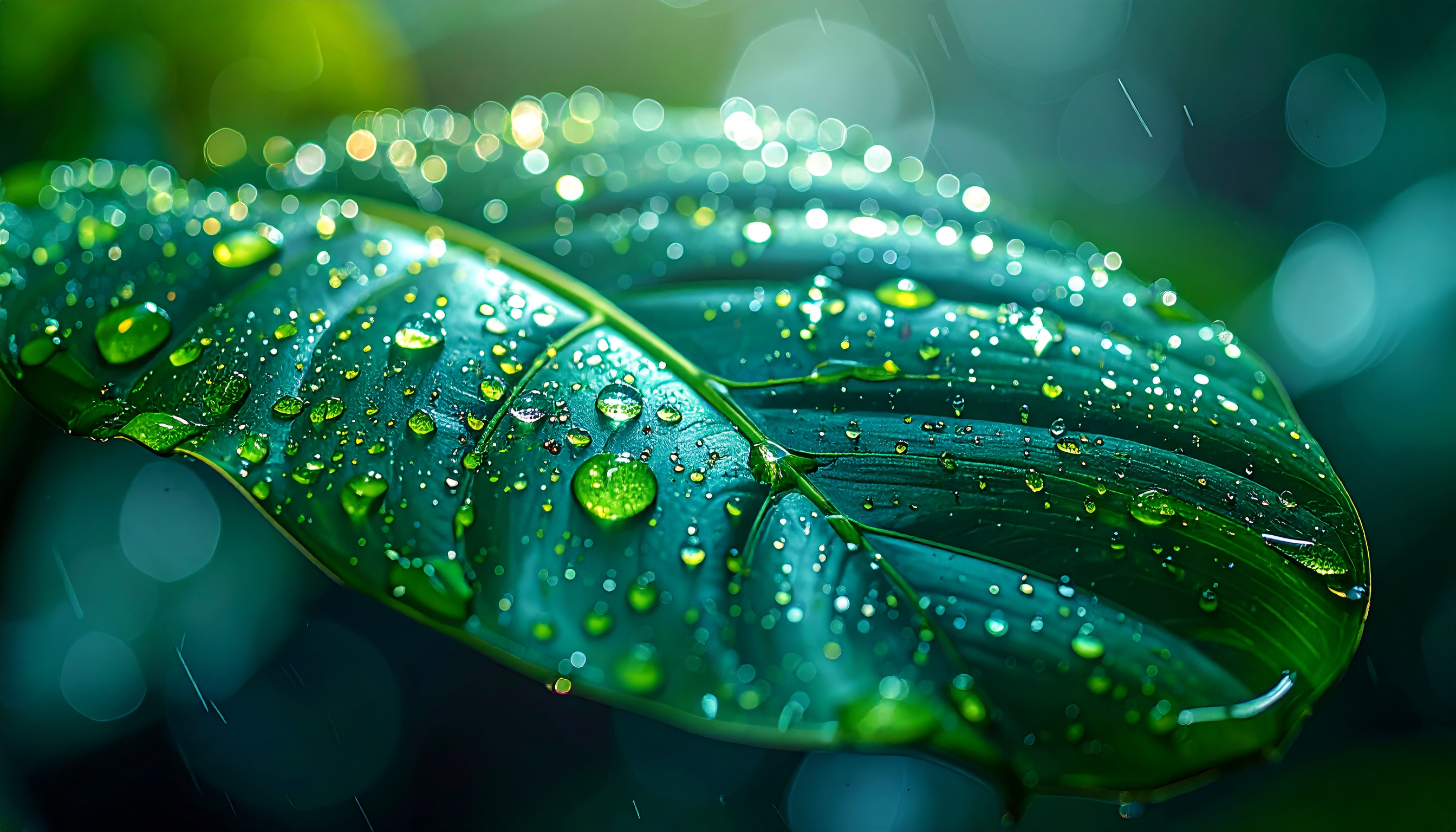 Vibrant Green Leaf with Water Drops Close-Up