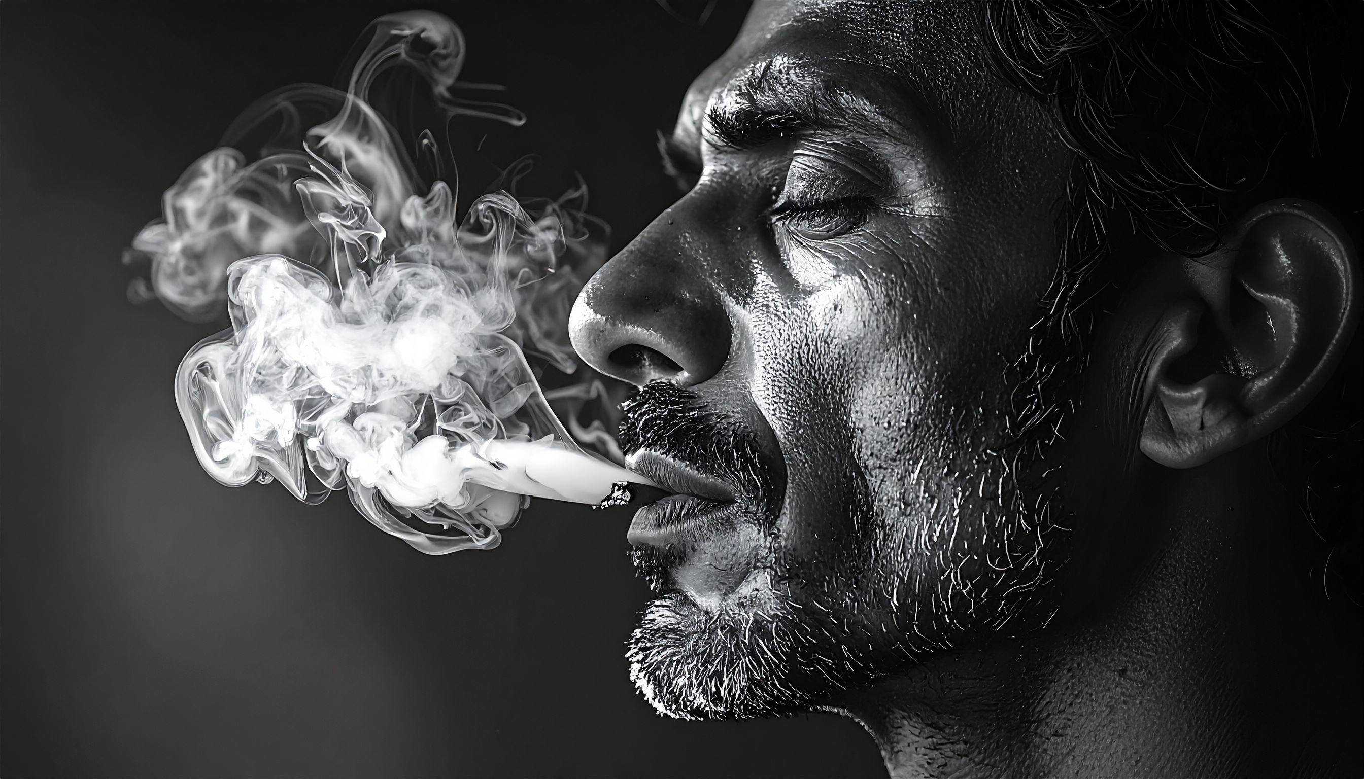 A man exhales a cloud of smoke in a dramatic black and white portrait