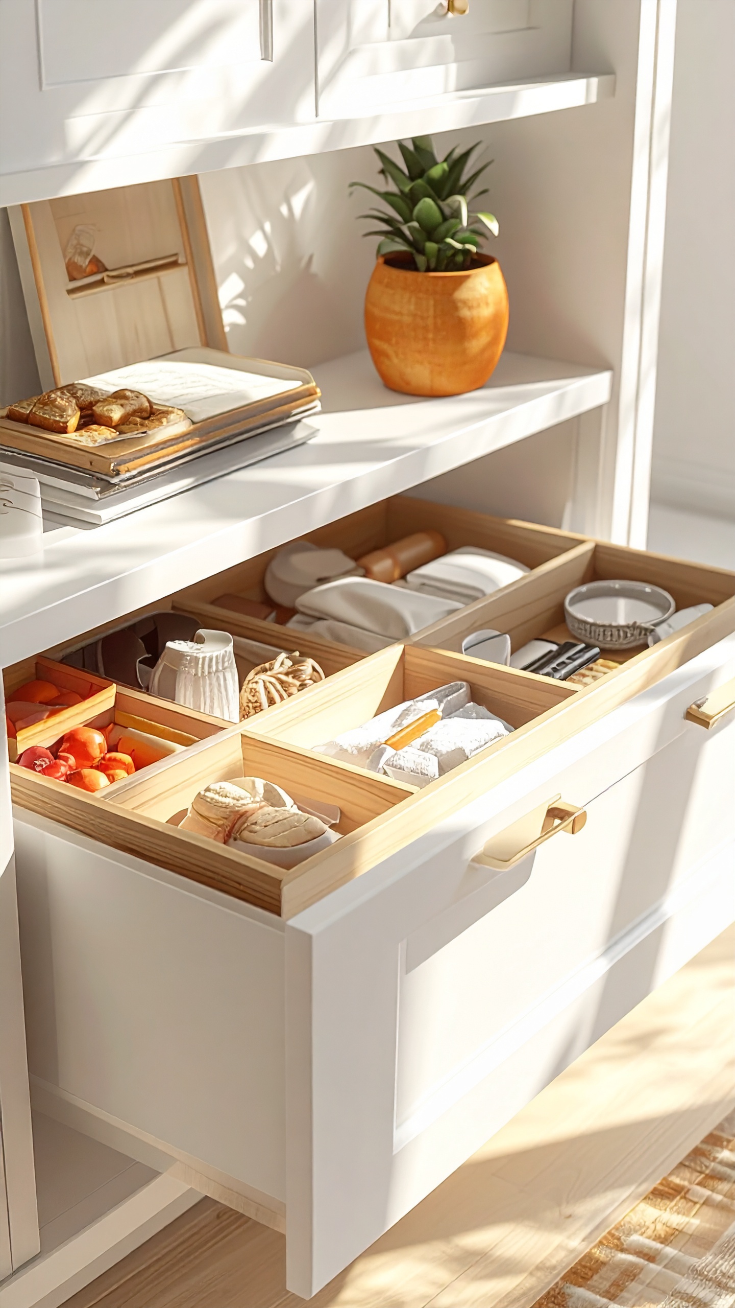 A well-organized kitchen drawer features wooden dividers holding various utensils