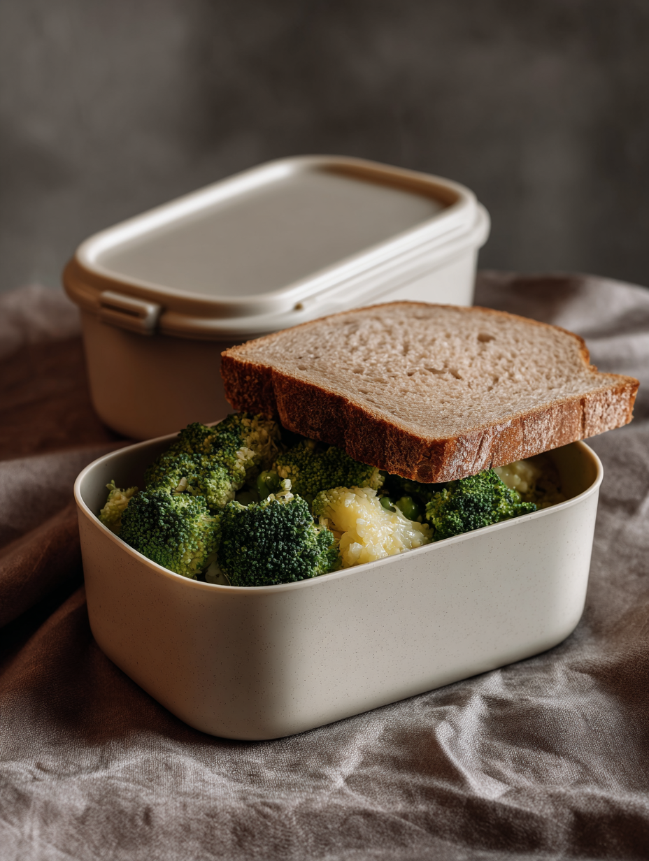 Um recipiente de plástico bege com tampa ao fundo, contendo um sanduíche aberto com fatia de pão integral e brócolis cozido. A composição minimalista destaca o contraste entre a textura suave do pano cinza e a superfície rígida do recipiente, enquanto a luz suave cria uma atmosfera acolhedora e caseira.