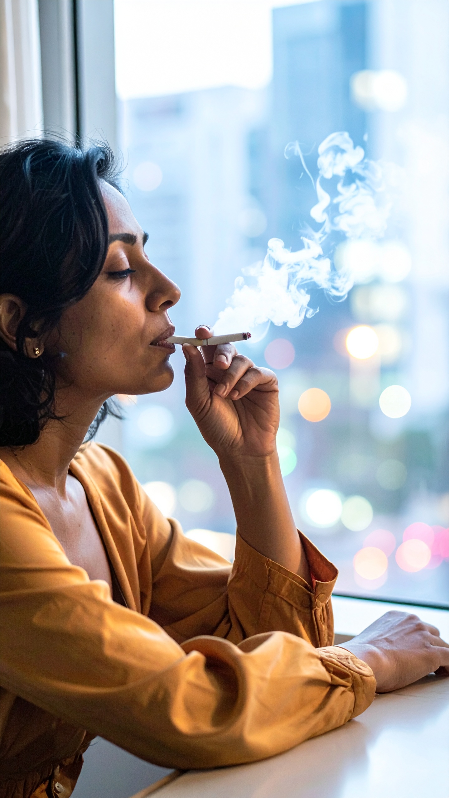 A woman in a mustard blouse enjoys a cigarette by the window, exuding a contemplative vibe
