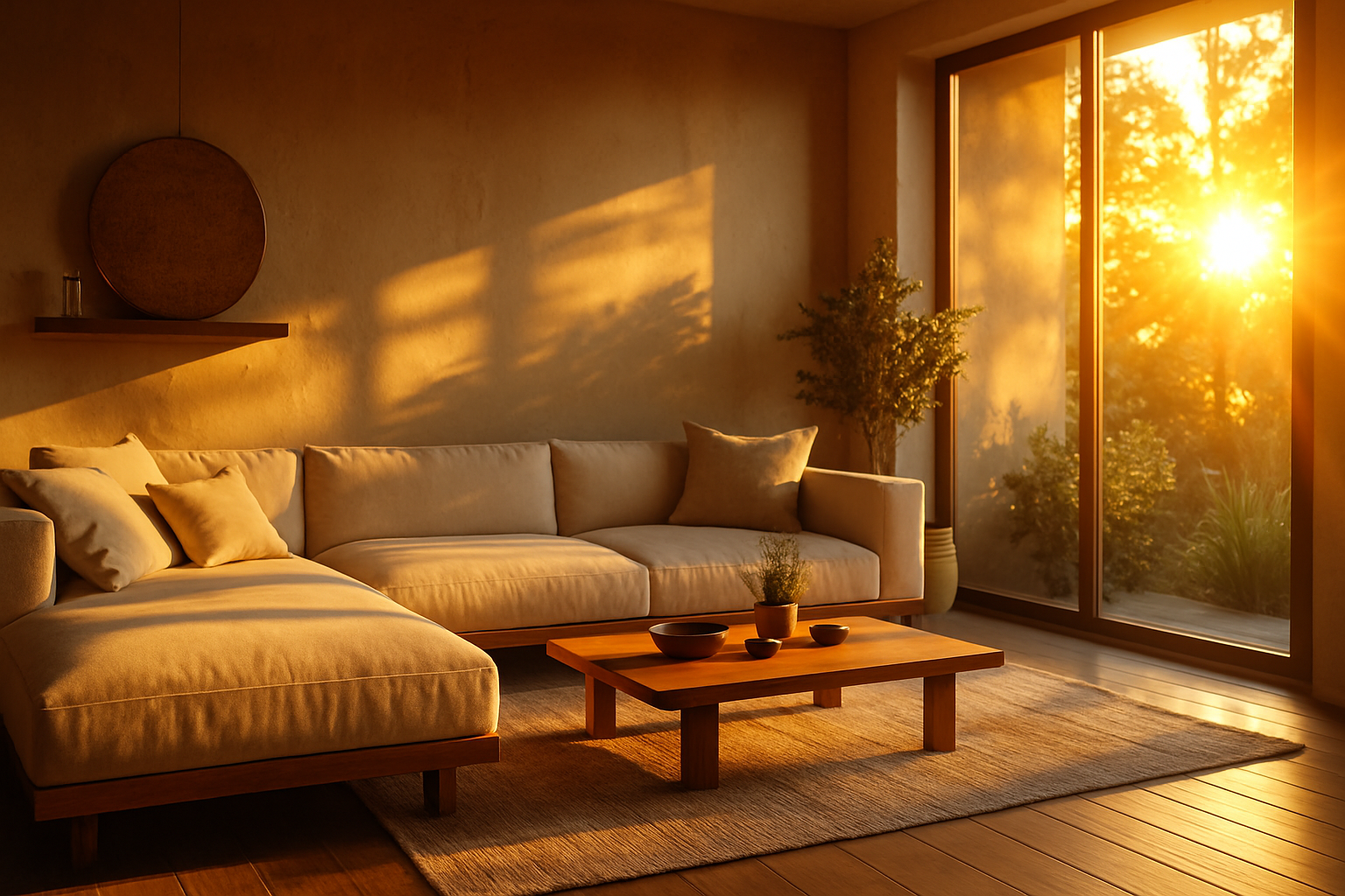 Sala de estar minimalista com sofá bege em L, mesa de centro de madeira e luz do pôr do sol entrando pela janela ampla. Paredes em tom quente e plantas adicionam um toque natural. A iluminação suave cria uma atmosfera aconchegante e serena, com sombras longas e um jogo de luzes que destacam os elementos de design. Composição equilibrada com foco no conforto e no estilo moderno.