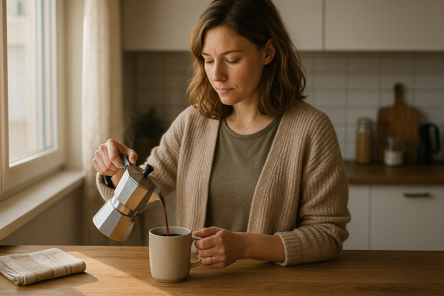 Uma mulher está preparando café em uma cozinha moderna, usando uma cafeteira italiana. Ela está despejando café fresco em uma caneca sobre uma mesa de madeira clara, enquanto a luz suave do sol entra pela janela próxima.