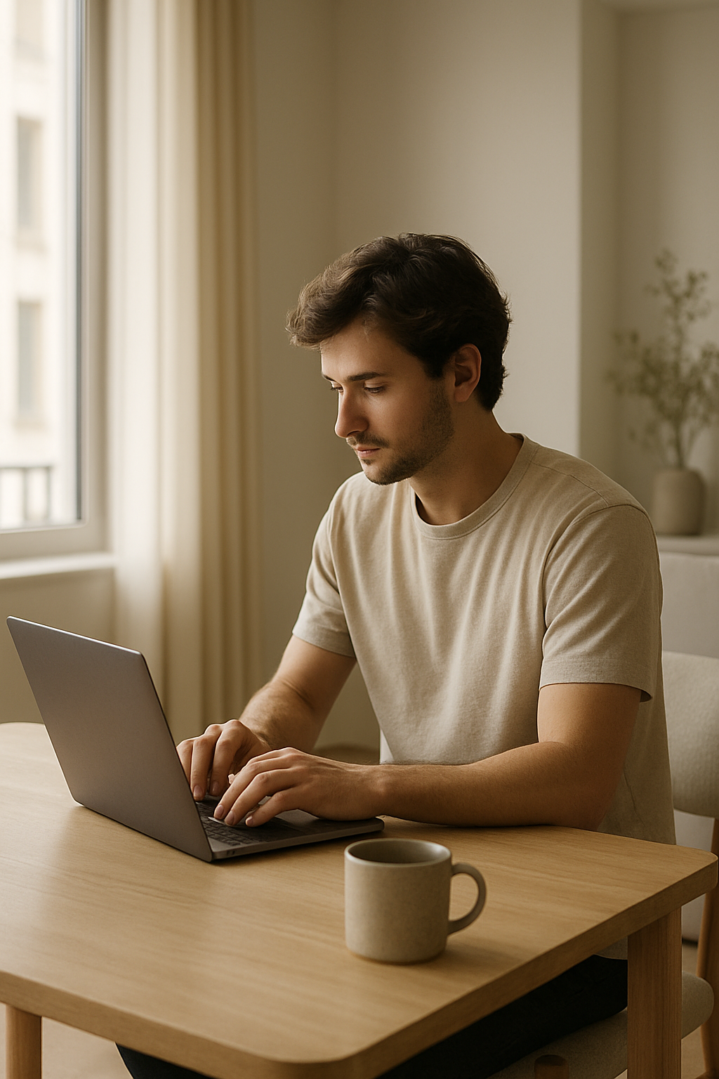 A man focuses intently while typing on a sleek laptop at a wooden table