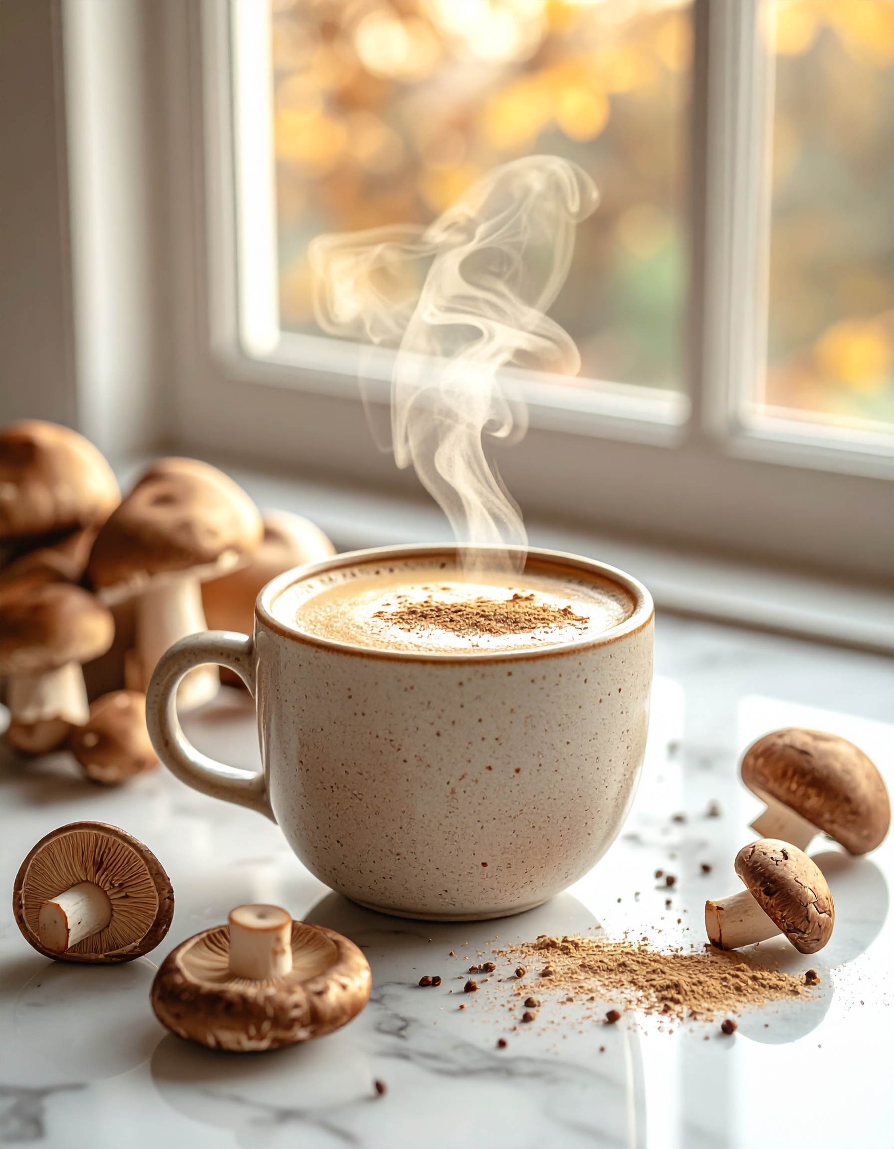 A steaming cup of mushroom coffee sits on a marble surface near a window