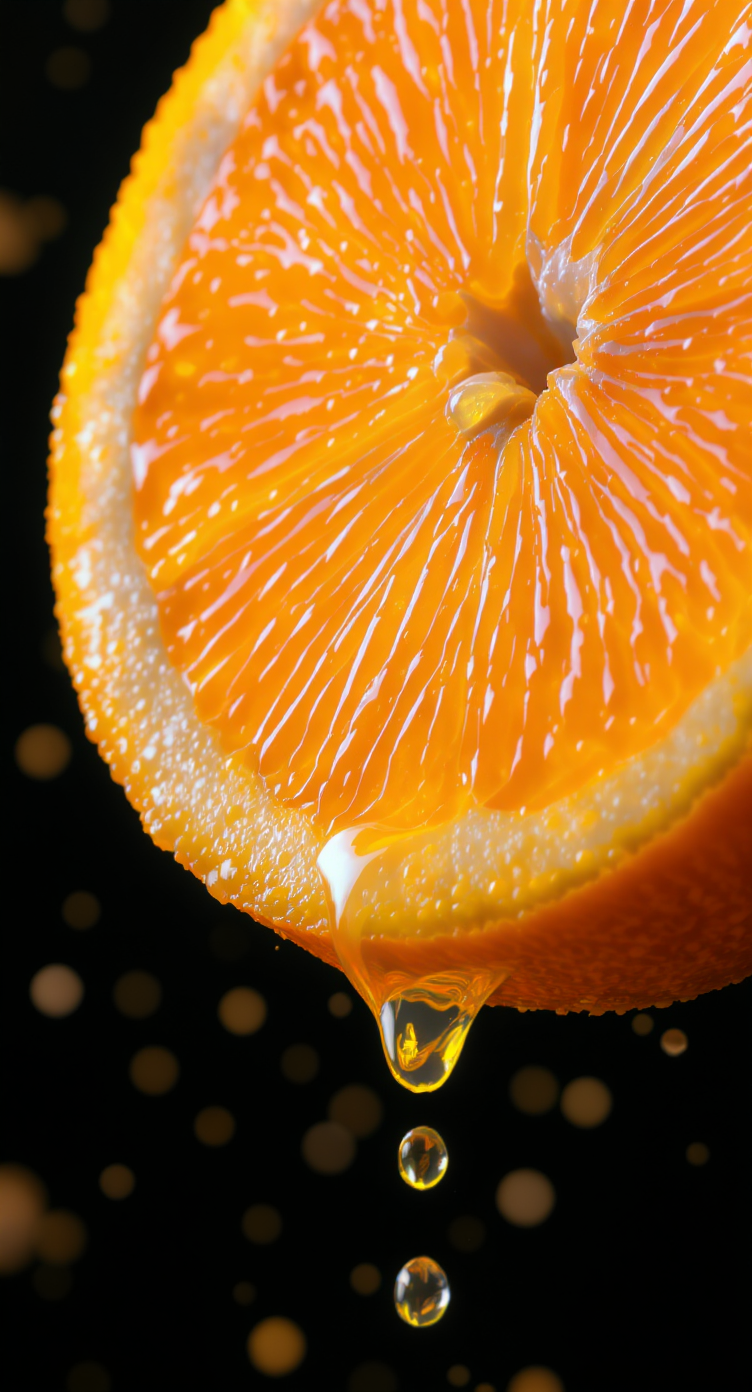 Bright Orange Half with Juice Drops on Black Background