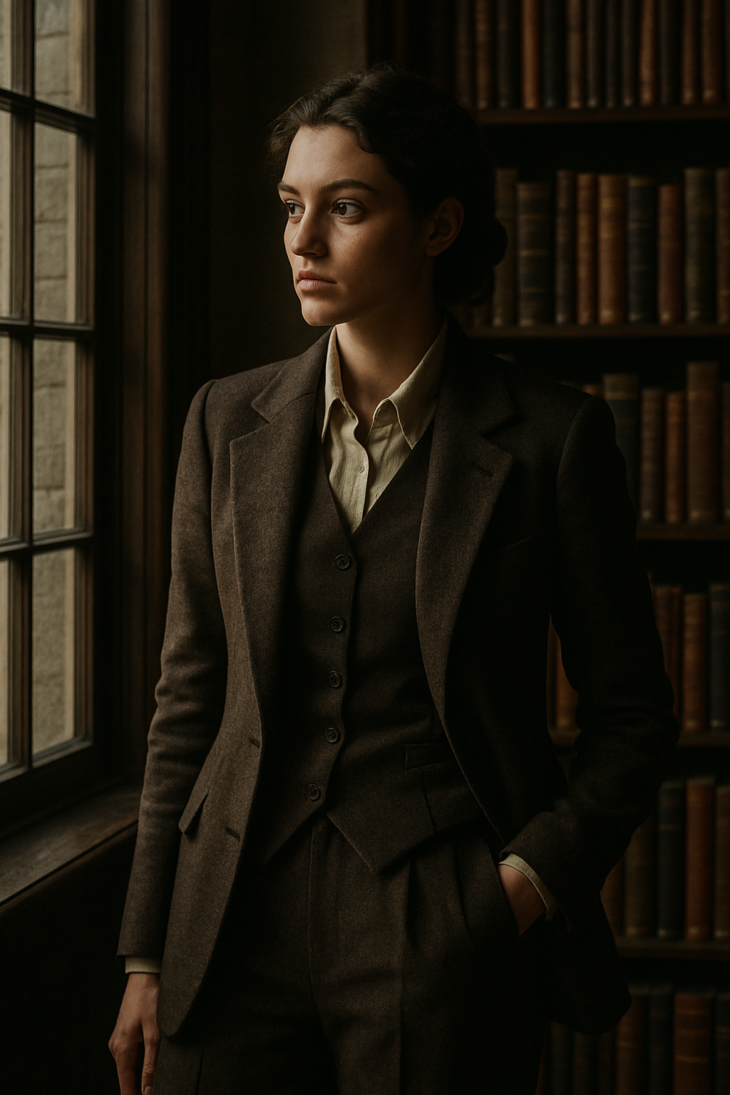 A person in a tailored brown suit stands by a window in a library