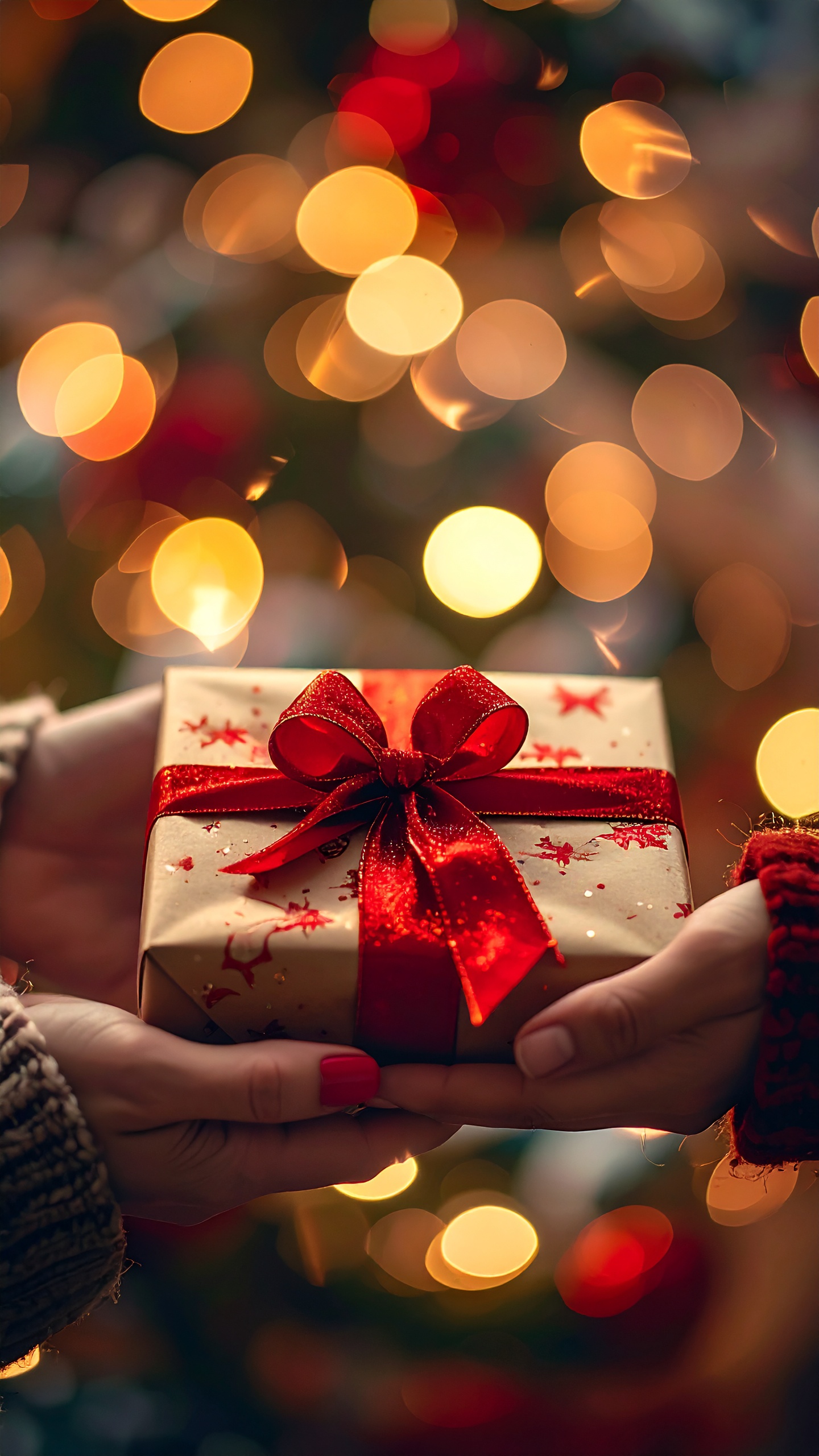 Hands Holding a Gift with Festive Wrapping