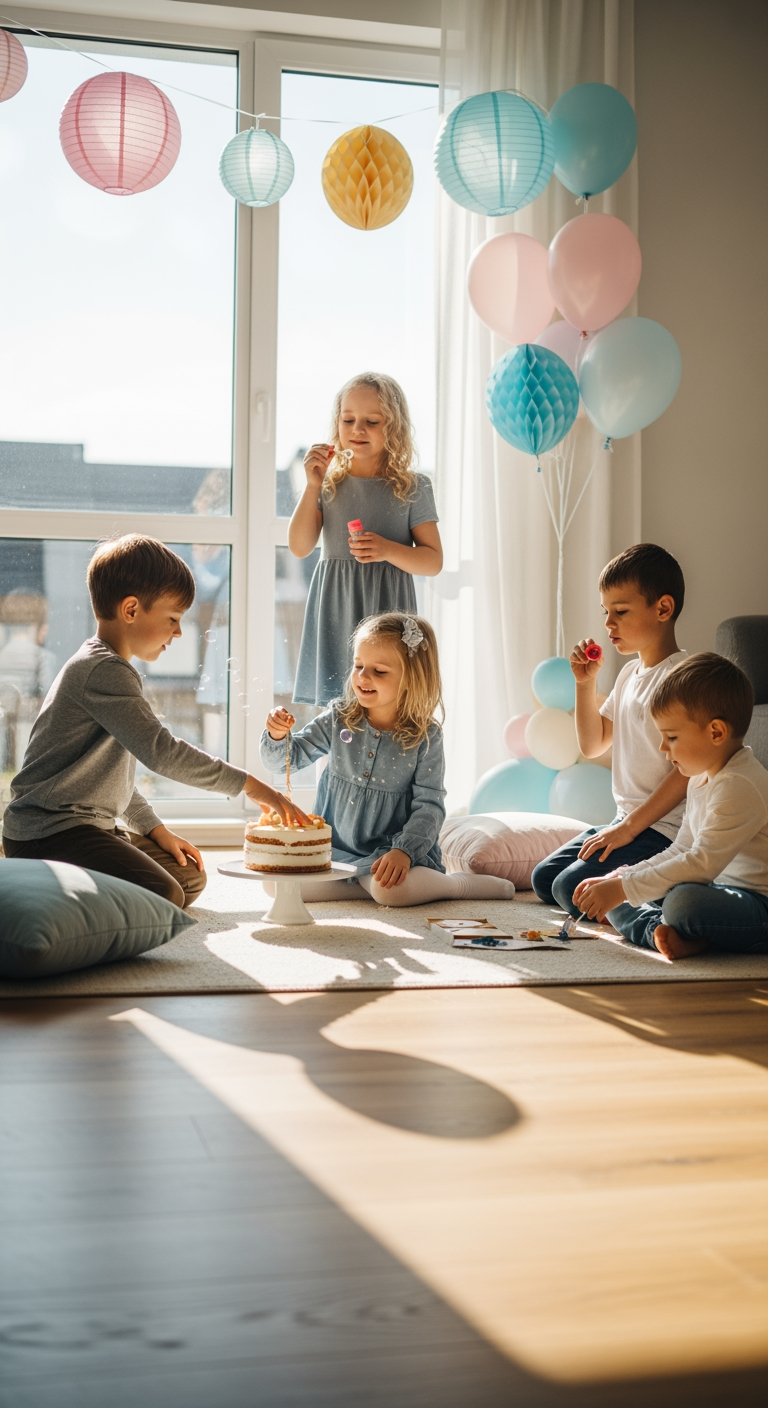 Children enjoying a birthday party in a sunlit room with pastel decorations