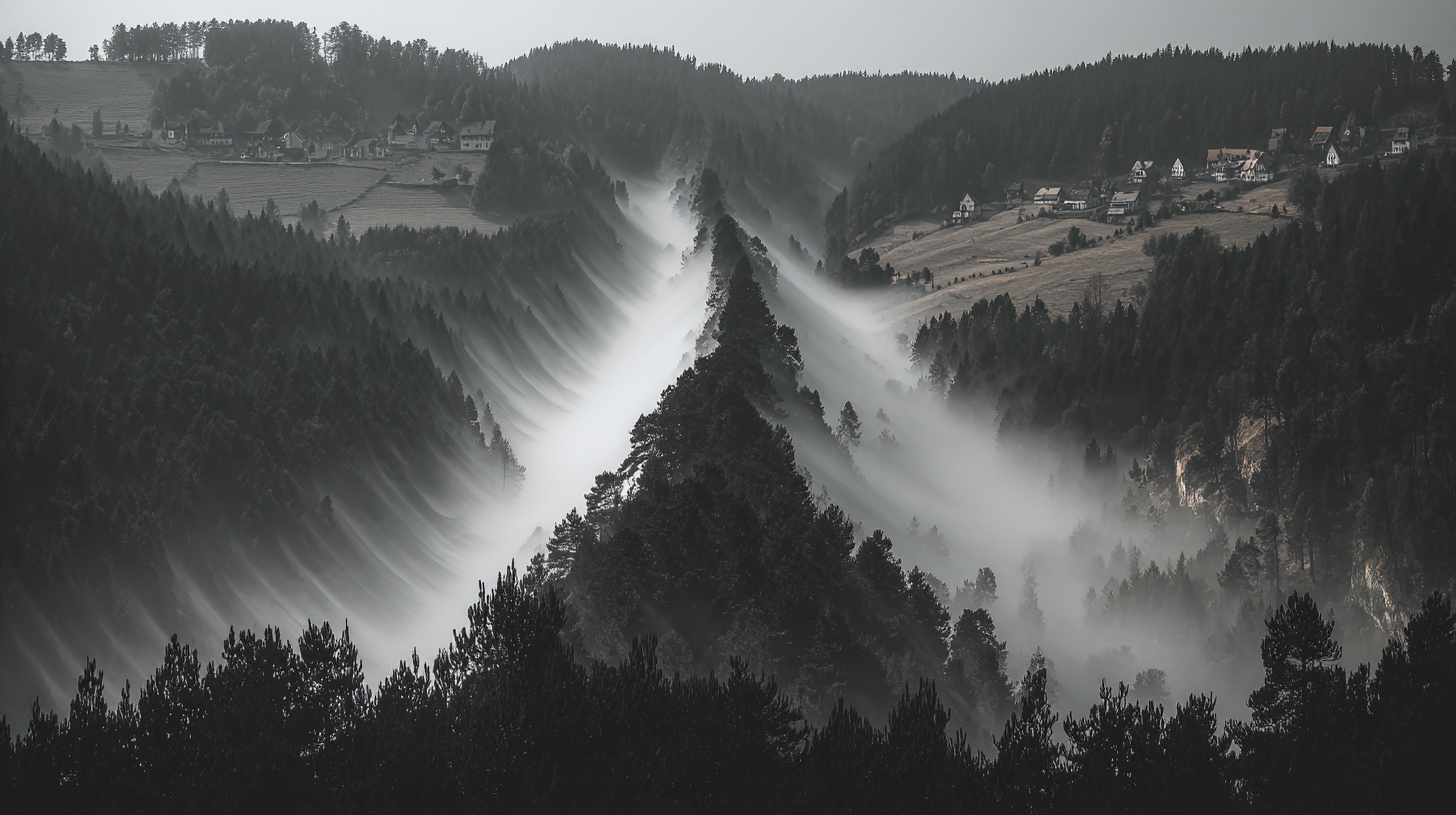 Paisagem montanhosa com neblina flutuante cobrindo árvores em um vale tranquilo, criando um efeito etéreo e misterioso. As casas distantes nas colinas sugerem isolamento e calma em um cenário natural impressionante.