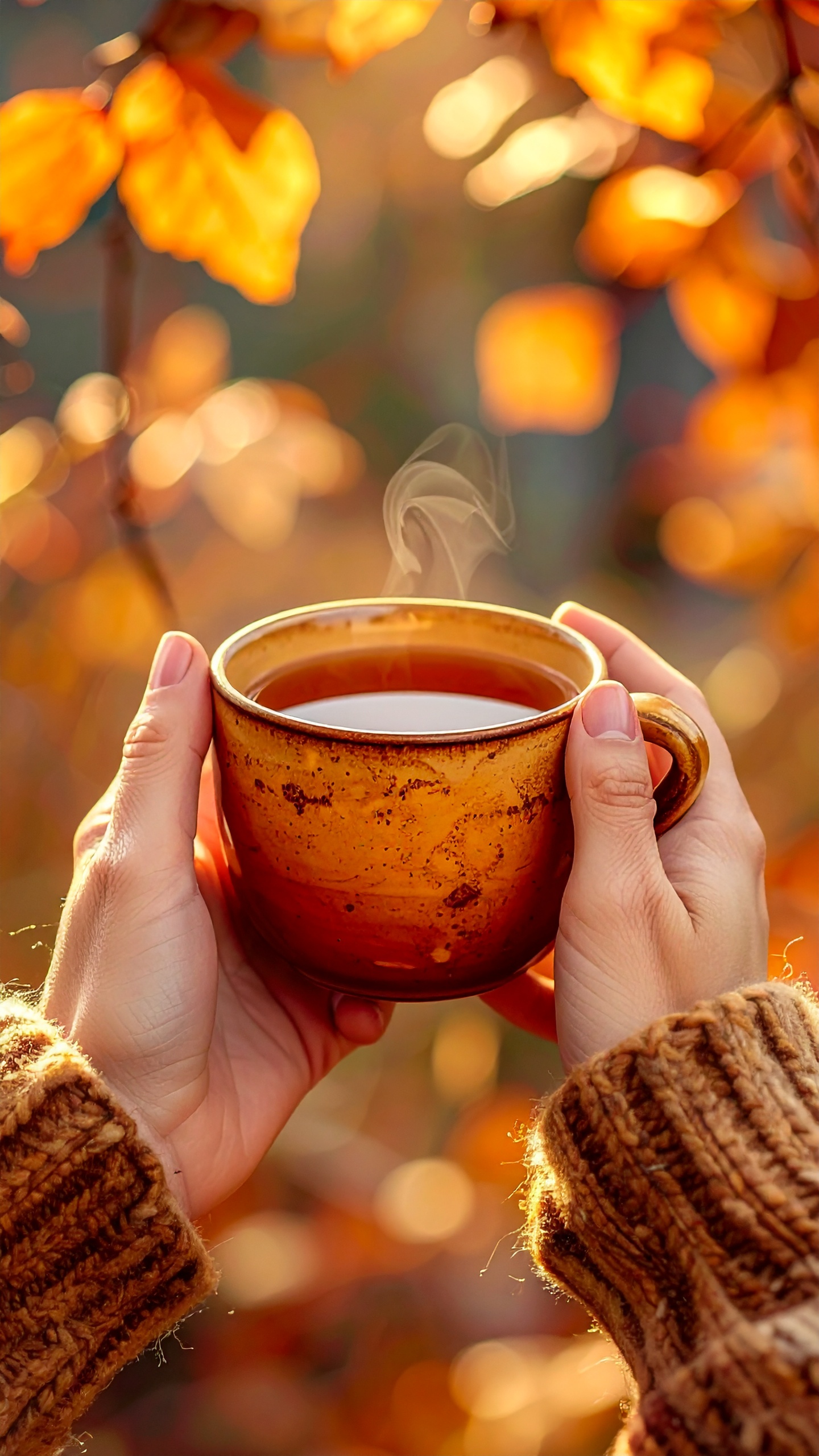 A steaming cup of tea is cradled in hands dressed in cozy knit sleeves, set