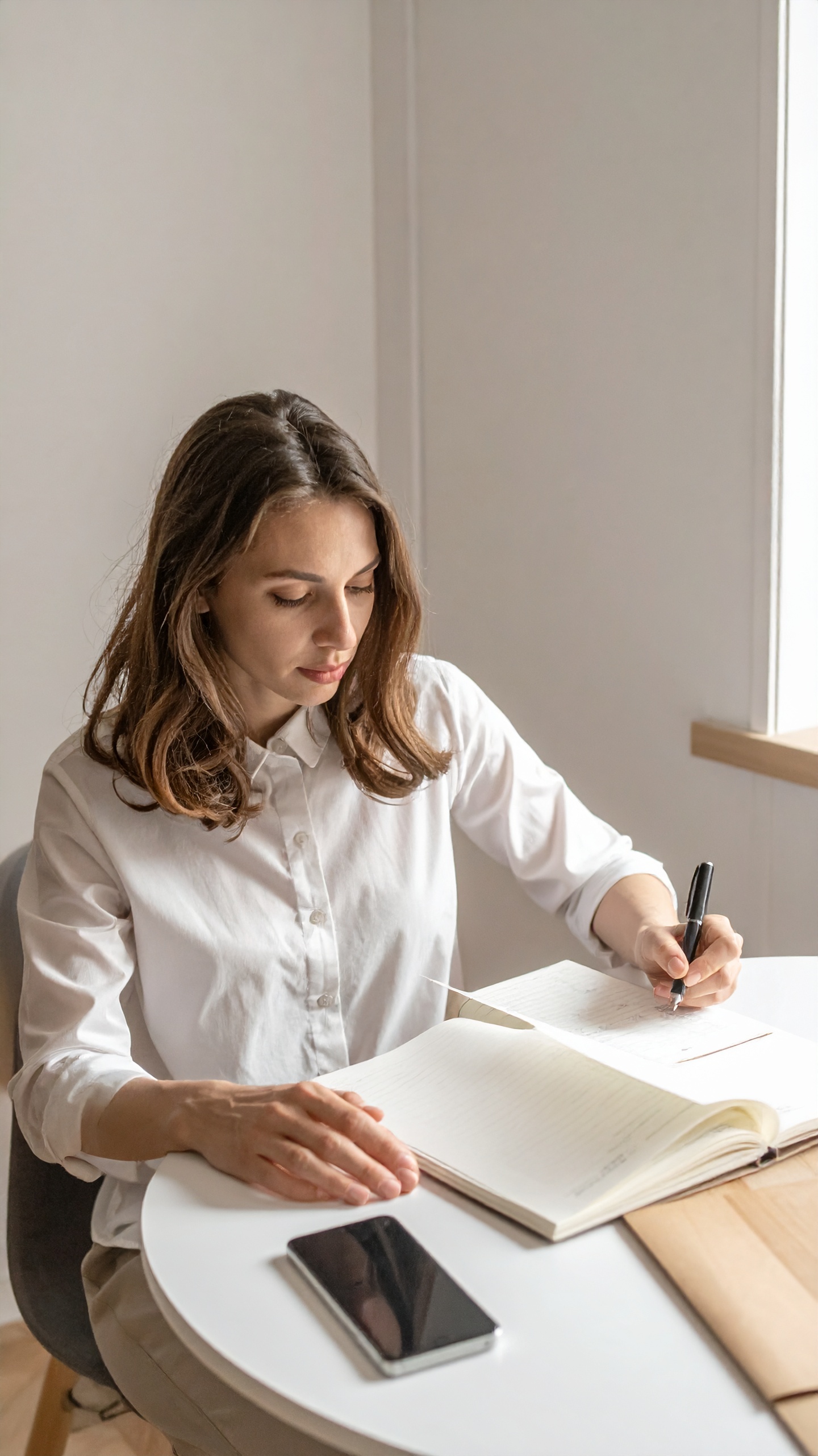 A woman in a white shirt writes in a notebook at a round table
