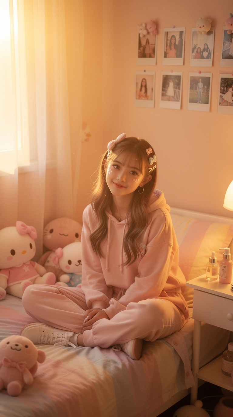 A woman sits in a cozy, pastel-themed bedroom filled with plush toys and soft lighting