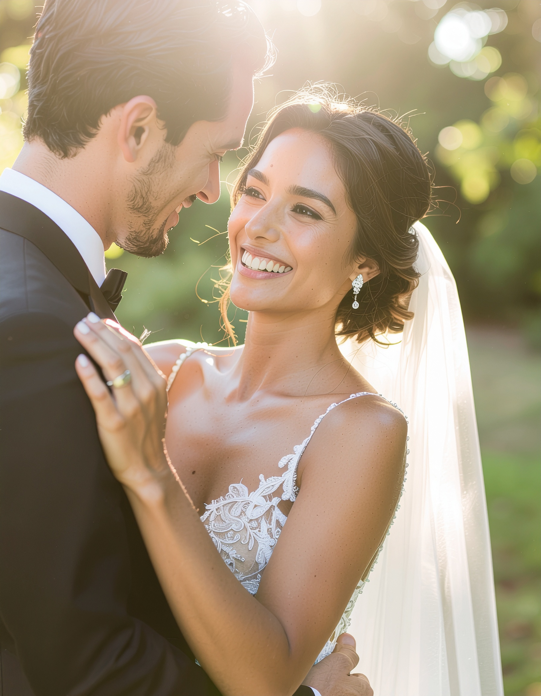 Casal sorridente em casamento ao ar livre, com luz do sol suave iluminando a noiva em vestido de renda e véu, transmitindo alegria e amor em um momento íntimo e romântico.