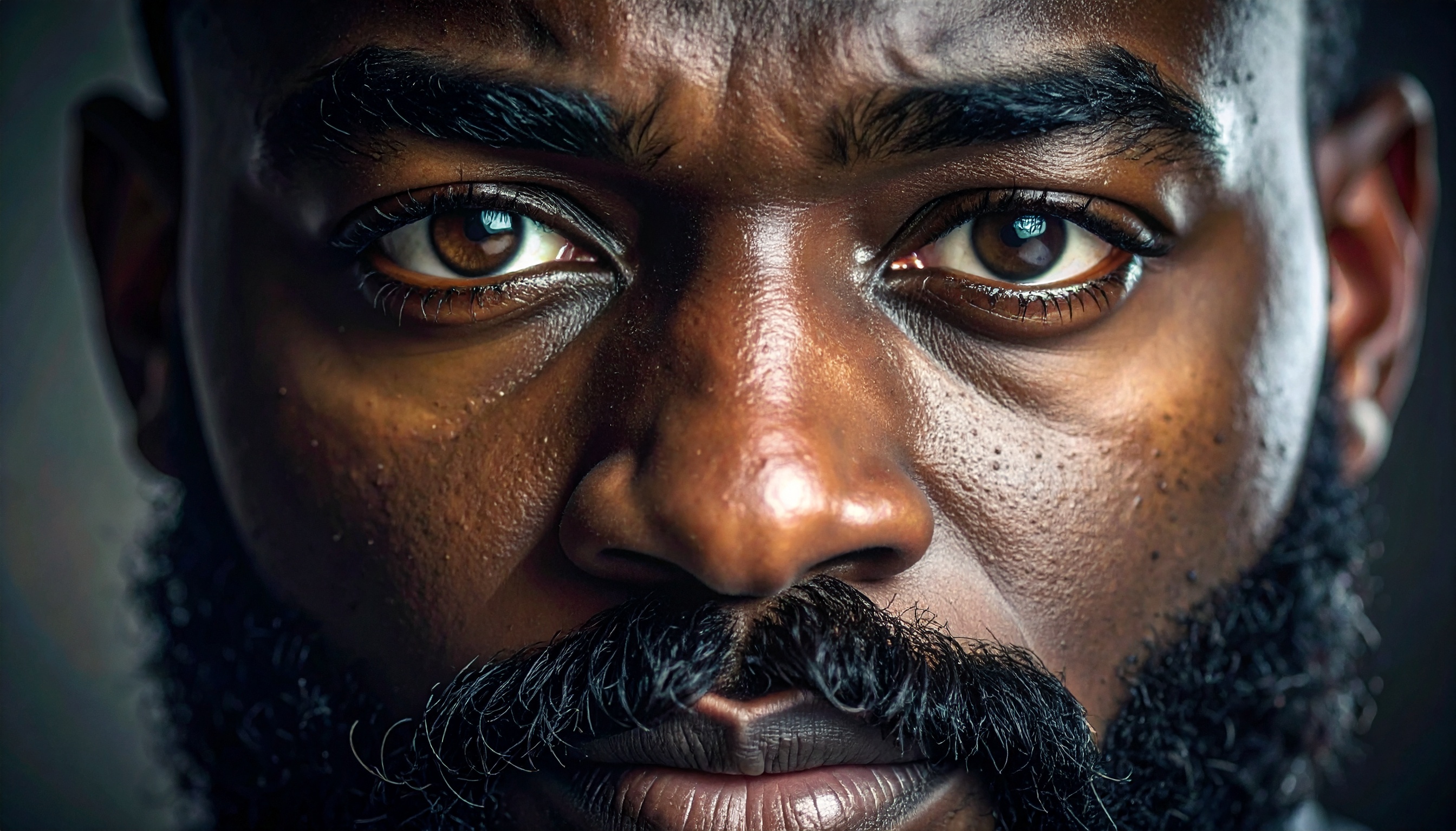 A close-up of a man's face emphasizes deep brown eyes and a well-groomed beard